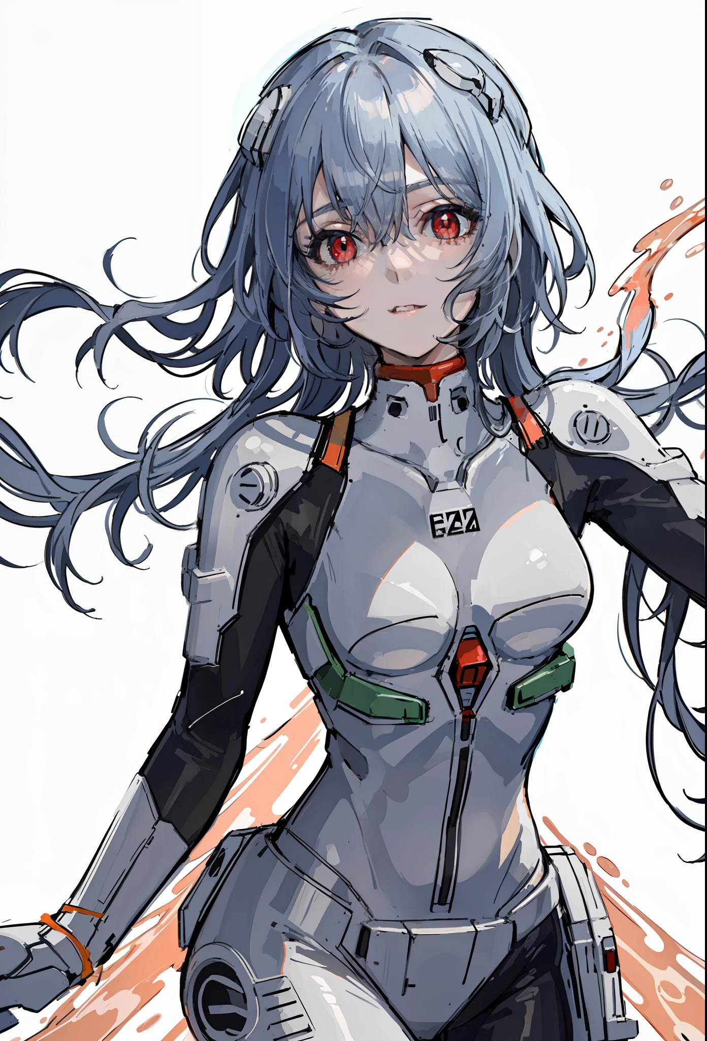 best quality,highly detailed,masterpiece,ultra-detailed,solo,1girl,(white background:1.5),(Delicate eyes),1girl, plugsuit, ayanami_rei, bodysuit, white_bodysuit, red_eyes, solo, apocalypse_background, red_background, pilot_suit, short_hair, blue_hair, bangs, interface_headset, turtleneck, hair_between_eyes, skinny, parted_lips, looking_at_viewer, small_breasts, upper_body,wariza (masterpiece, best quality:1.4), light painting, (long exposure:1.2),dynamic streaks, luminous trails, vibrant colors, fluid movement, captivating patterns, creative experimentation,(1girl),(highest detailed),(cowboy shot:1.2),dynamic pose,