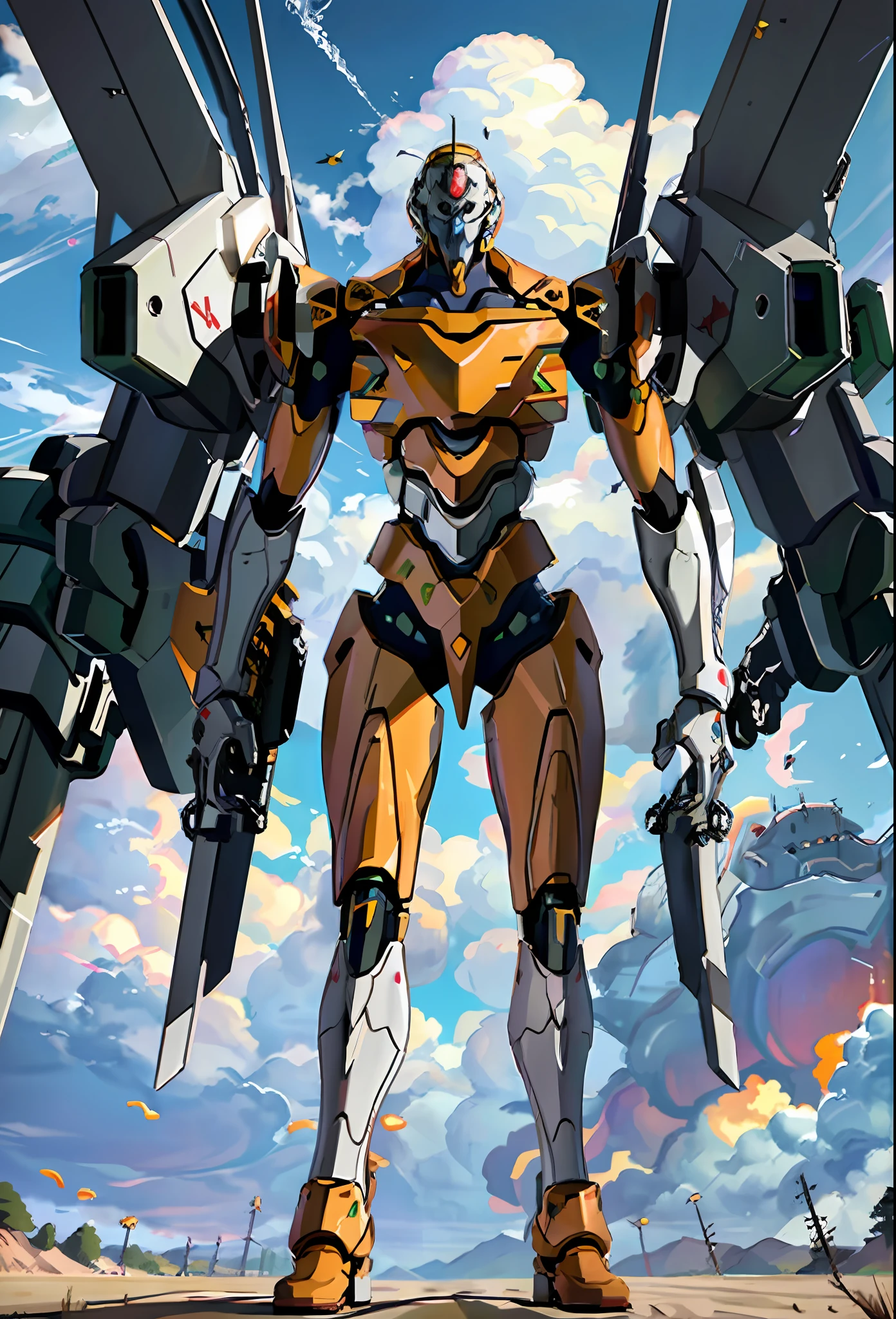 ((eva 00), evagod:1.1), evagenlion, Concept Design, sci-fic character design, SCIENCE FICTION, giant robot, advanced metal and Ceramic Mecha, Accurate EVA 00 head details, high-tech, huge android, (outdoors, sky, clouds), global illumination, rim light, octane rendering, ray tracing, 4k, Best quality, masterpiece, high res, highly detailed, scientific anatomy, carbon fiber, titanium alloy, hyperrealistic, anatomical, beautiful Tokyo-3 background, CG, unity, wallpaper, Futurism, epic sense, doomsday, sci-fi fighter, giant machinery, correct perspective