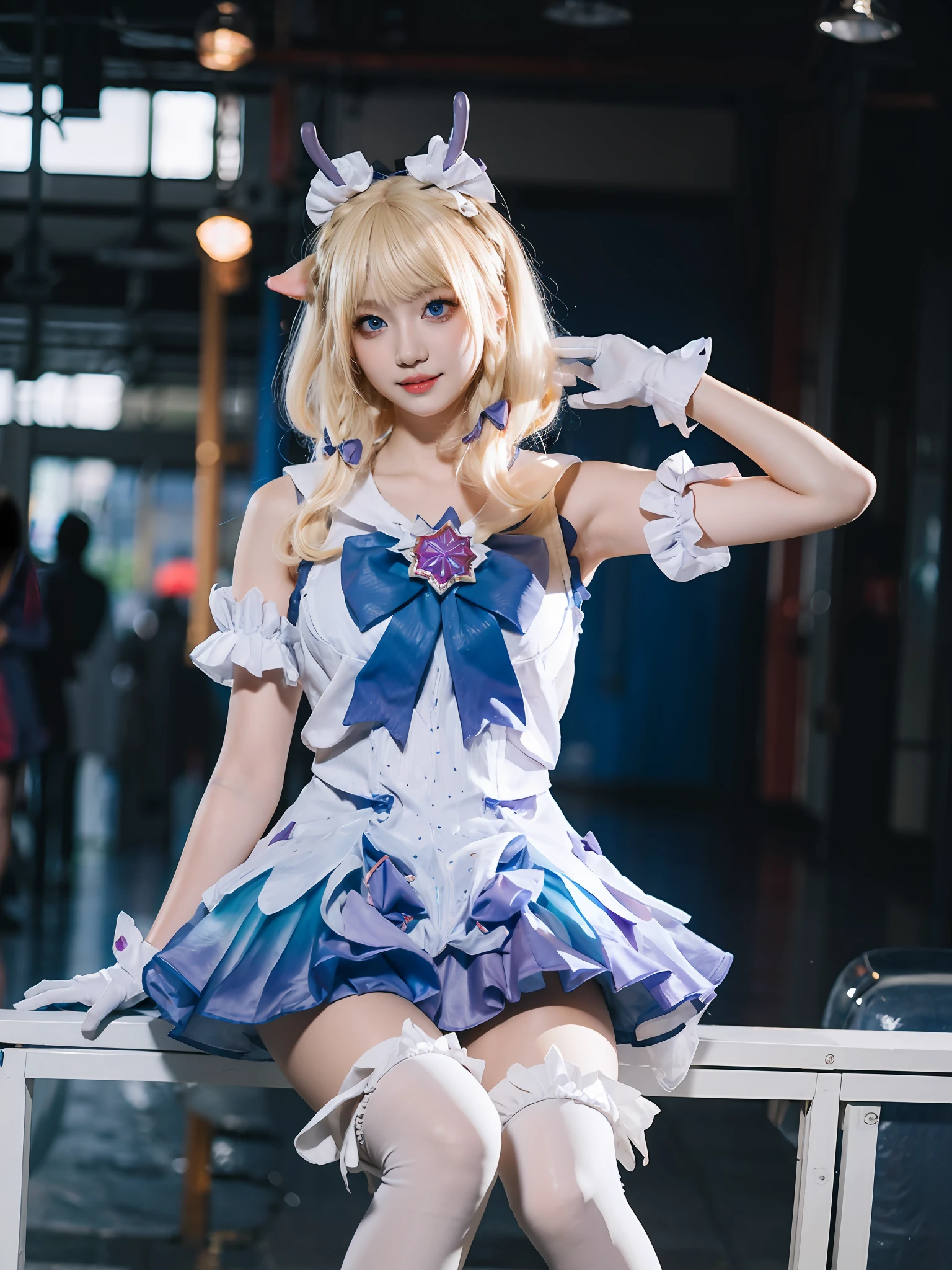 blurry,depth_of_field,blurry_background,blurry_foreground,blonde_hair,white_gloves,dress,blue_eyes.thighhighs