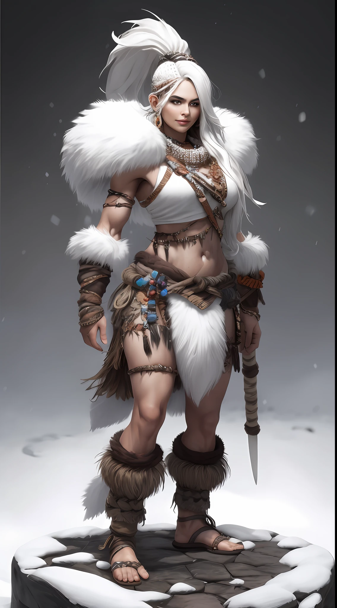 1 beautiful woman、Full body like、Primitive barbarian style、white backgrounid,highly details eye、详细的脸,Full body standing painting,dynamicposes,white backgrounid,Ice and snow style clothing,tmasterpiece,best qualtiy,Best resolution,8K,