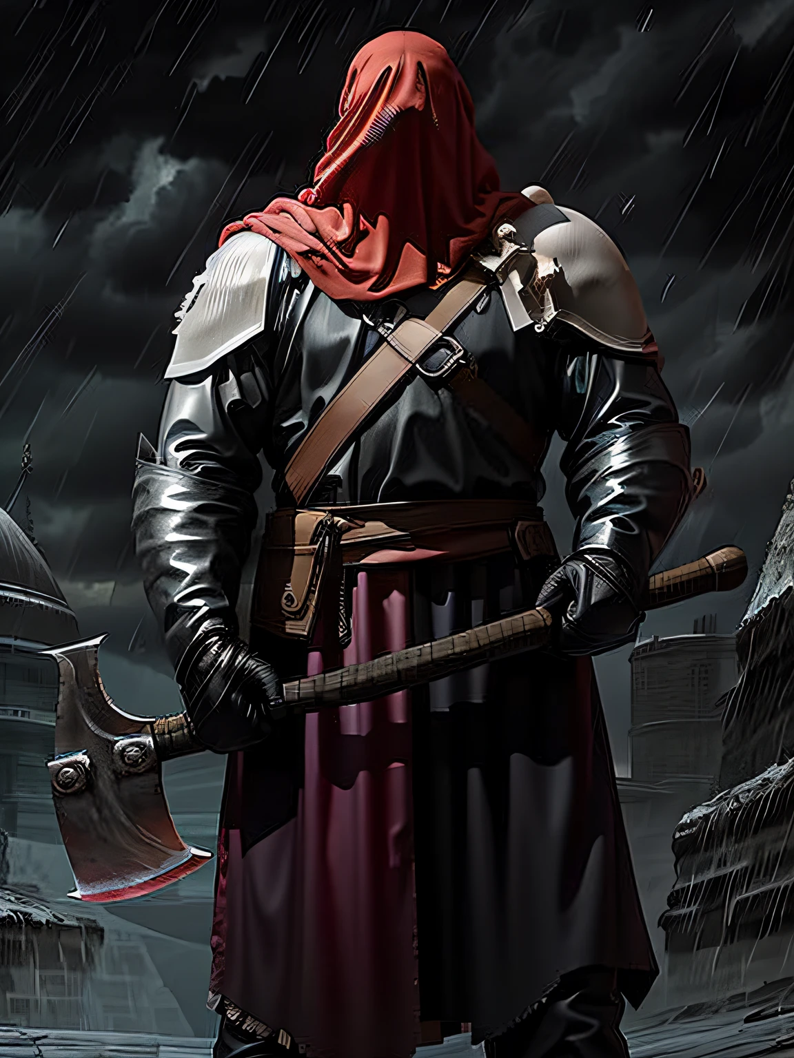 male executioner , he is wielding a heavy axe in the rain,