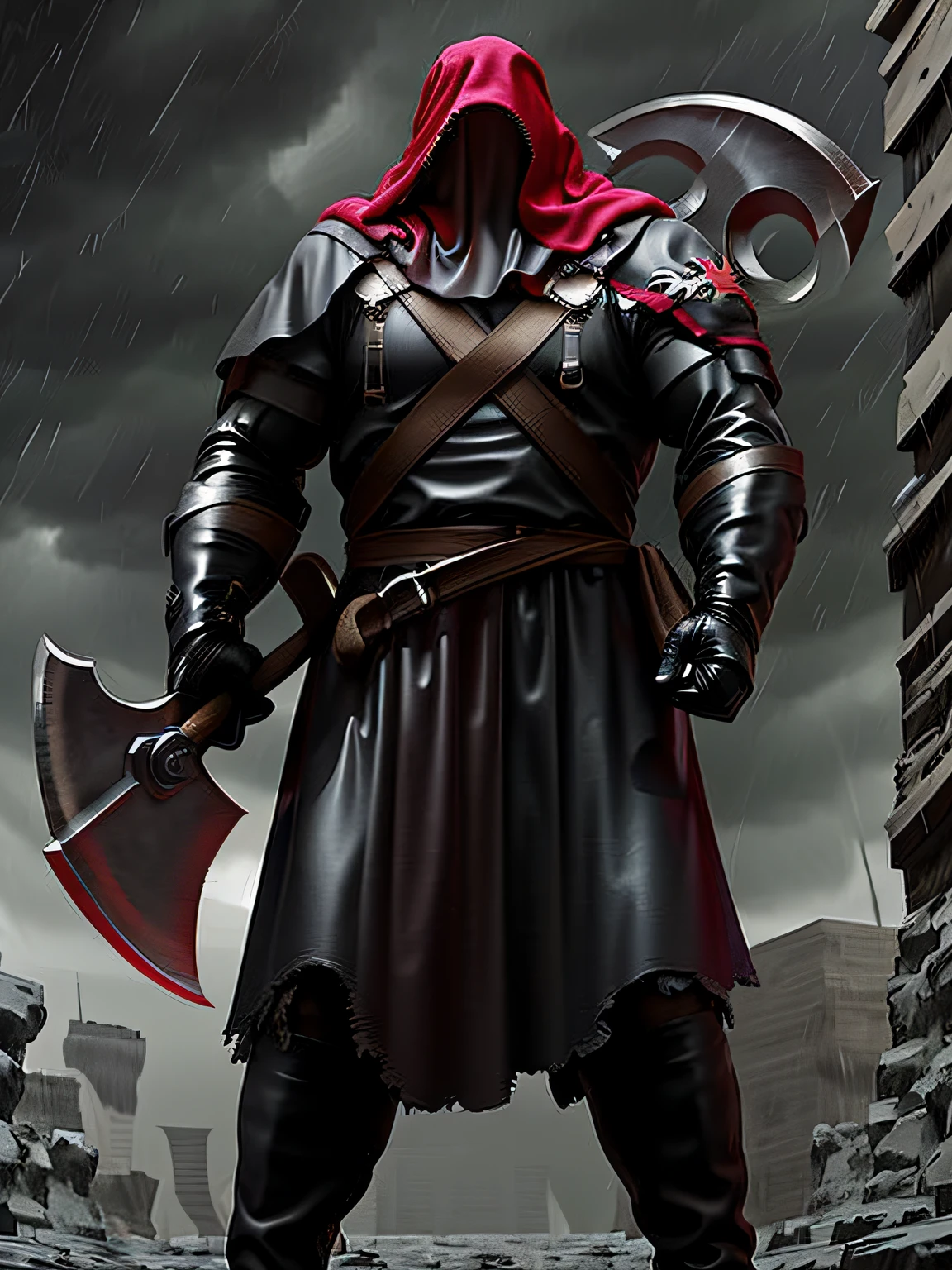 male executioner , he is wielding a heavy axe in the rain,