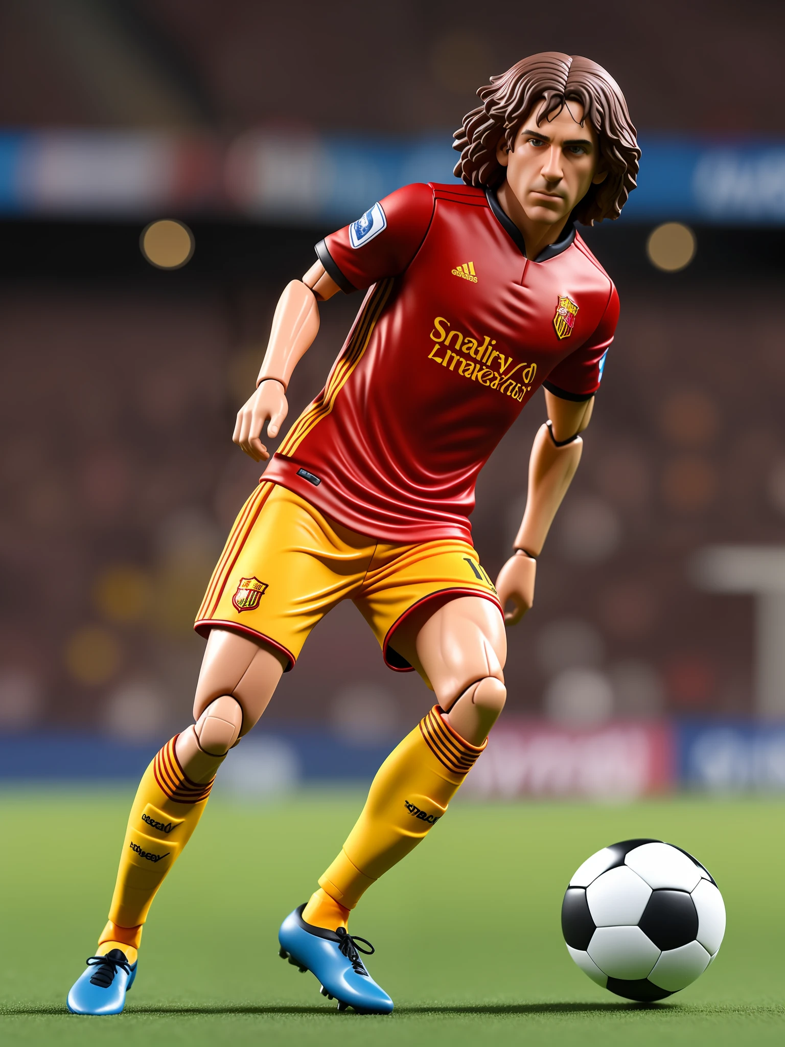 Carles Puyol action figure with accessories such a soccer ball, hyper-realistic photography, taken with a professional camera, depth of field, 8k