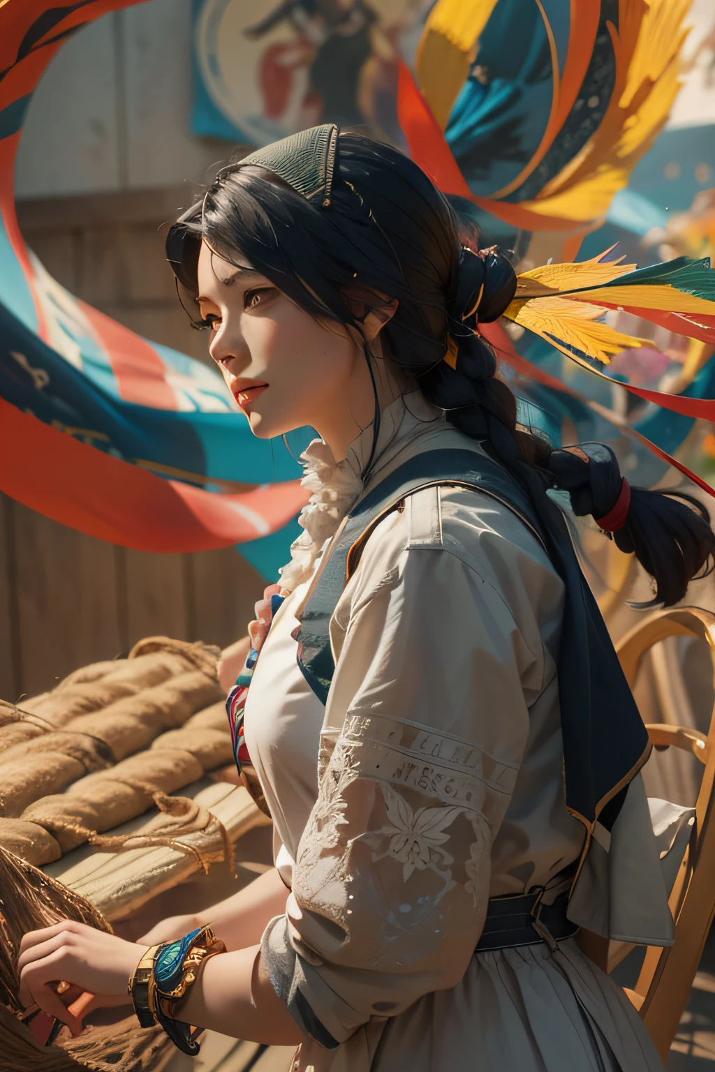 1girl, dynamic angle, splash art, [(art by Arthur Dove:0.7)|art by Lyubov Popova], octane render, full shot of a Captivating Amish Male Silk weaver, Cel shaded, Velvia, Ribbons, official art, unity 8k wallpaper, ultra detailed, aesthetic, masterpiece, best quality, photorealistic