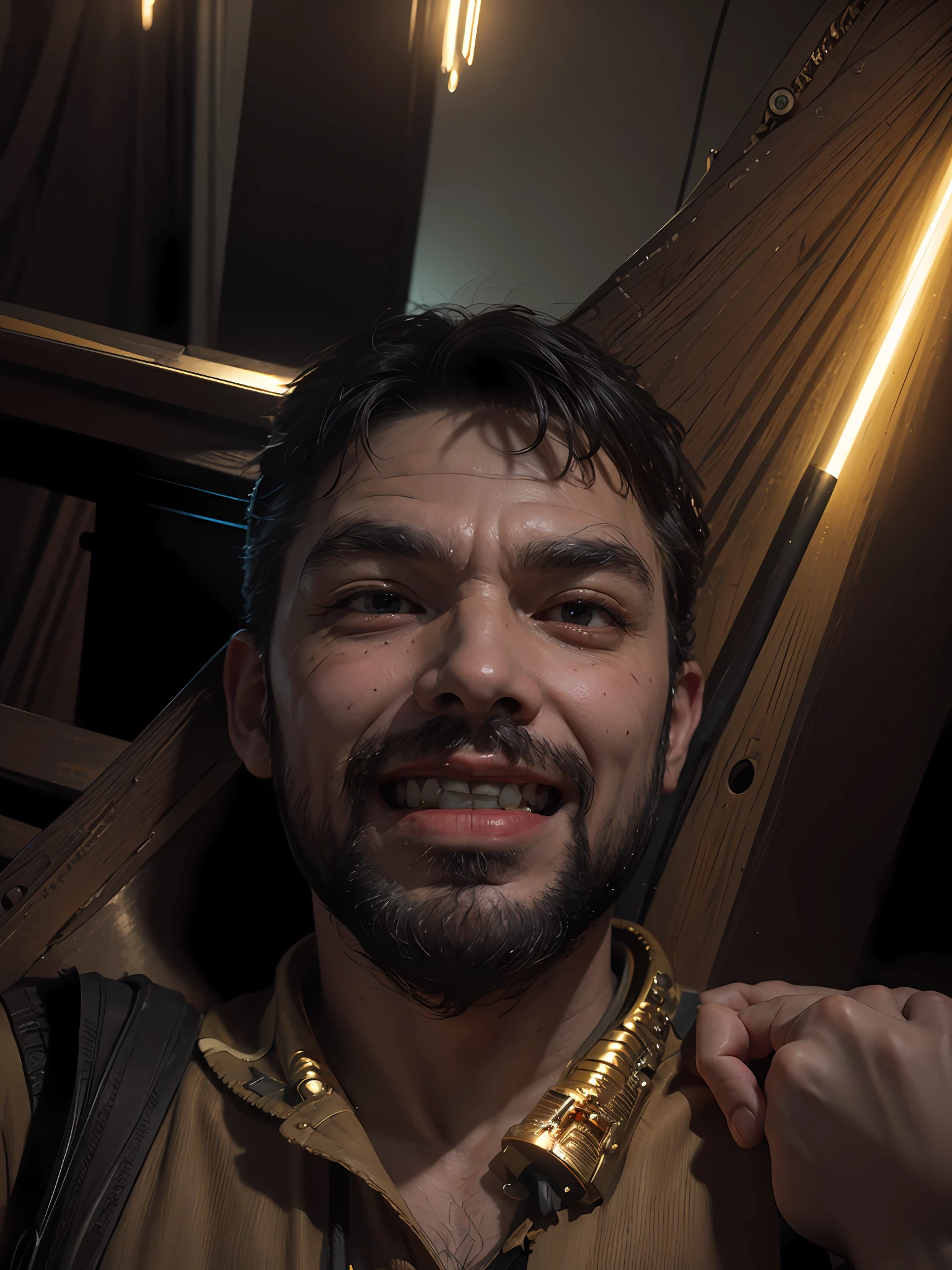 ((Masterpiece))), ((Best Quality))), ((Ultra Detailed)), (Surreal), (Highly Detailed CG Illustration), Cinematic Light, Realistic, Handsome Old Man, (Wrinkled Face and Beard), Intricate Details, Full View, Weapon, Robotic Arm, Cinematic Quality, Full Body, Short Black Hair, ((Steampunk))
