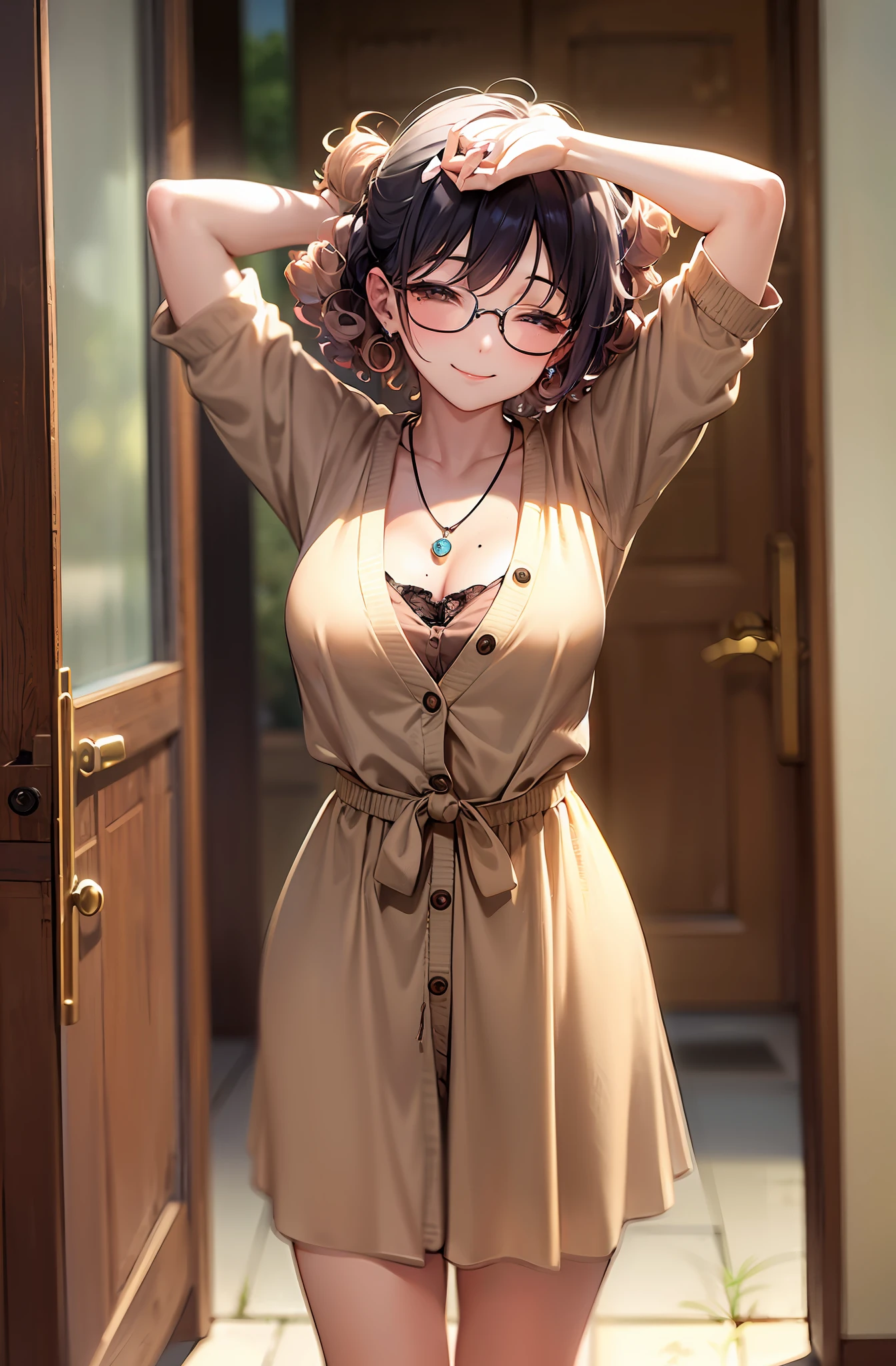 (Cowboy Shot),arms up behind,(Brown blouse:1.4)),Romper,masterpiece,detaileds,animesque,(1人の女性),(a very beautiful woman),(Close your eyes and smile:1.3),(hand on the breasts),Soft look,serene expressions,(By Shinkai Makoto),Yellow Maxi Skirt:1.4),((Cardigan)),Ten-gallon hat,Professional Lighting,Romper,Hyper-detailing,Sharp Detail,Romper,(Wide Angle:1.3),(a sense of depth:1.5),(Light transmission),(Detailed background depiction),Romper,Entrance of the house in Shibuya, The whole house in Shibuya, Very realistic doors of the house in Shibuya, View the house from the outside,Romper,(Curly hair:1.3),(lavender color hair),(eye glass),(piercings),Romper,(a necklace),Mole under the eyes,