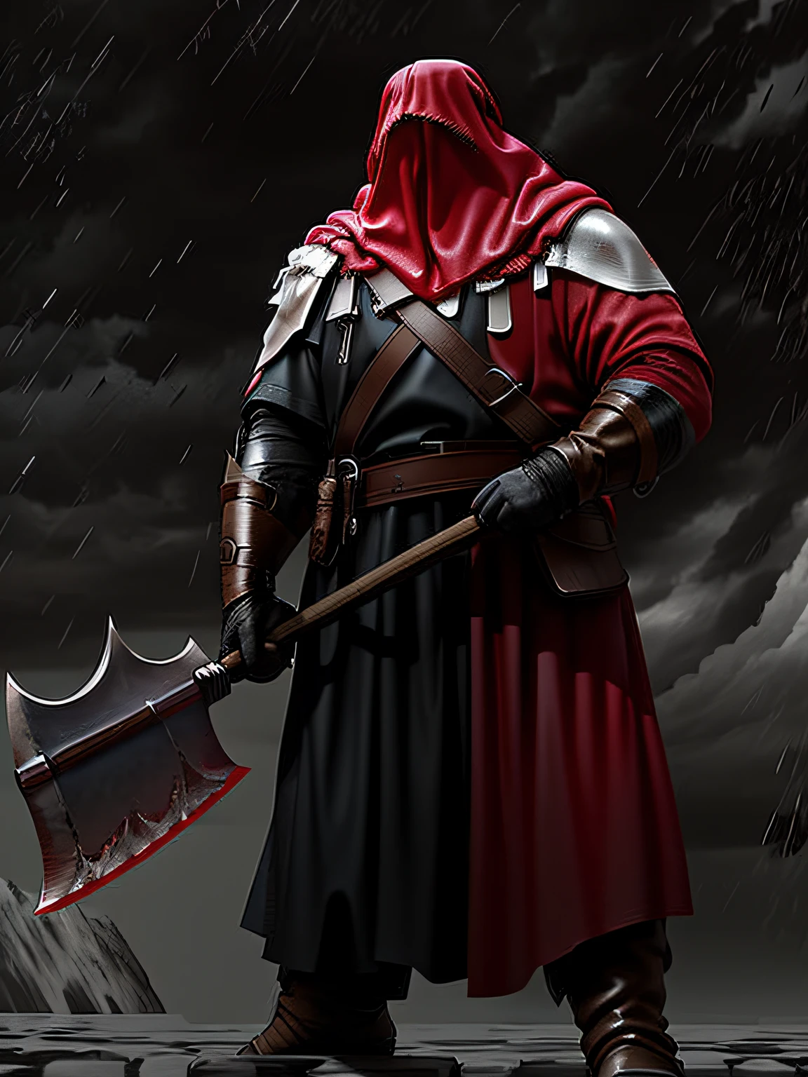 male executioner , he is wielding a heavy axe in the rain,