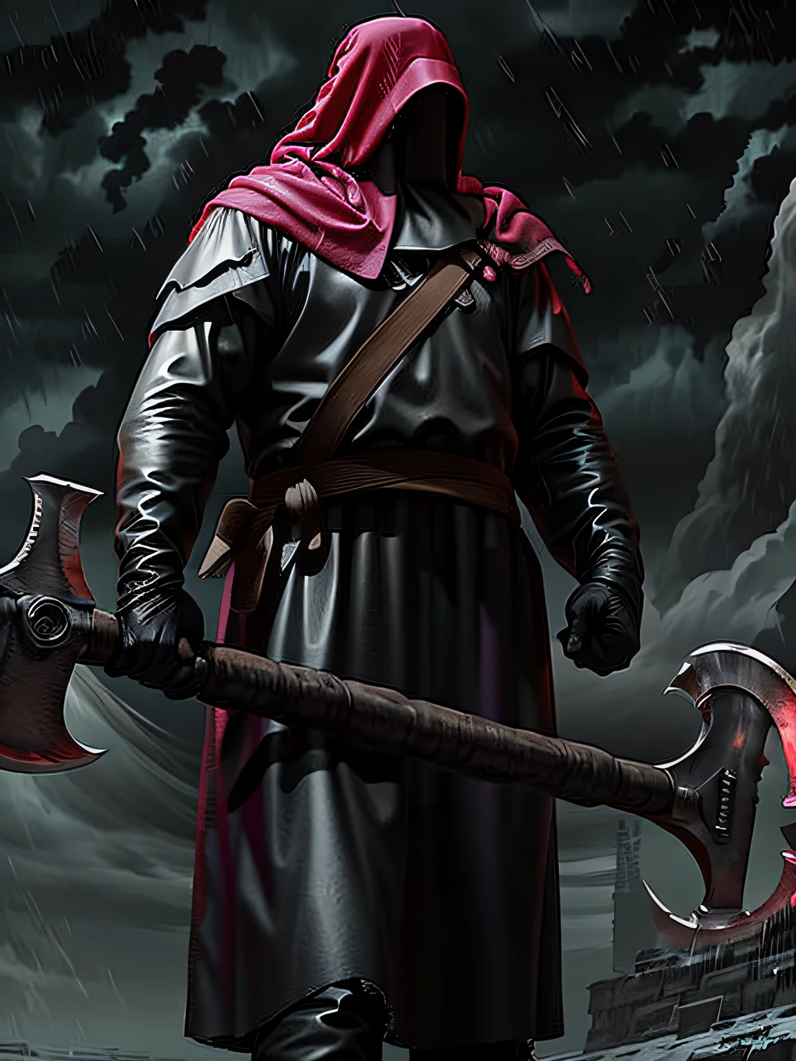 male executioner , he is wielding a heavy axe in the rain,