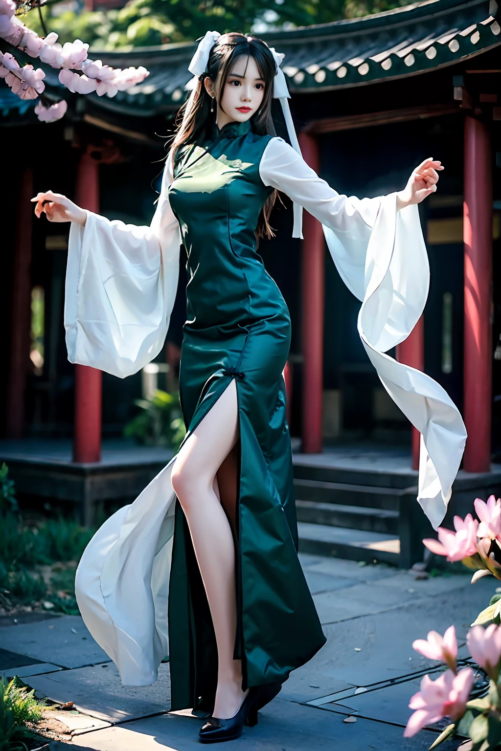 There is a girl in a green dress, plum blossoms, palaces, oriental architecture ray tracing, {best quality}, {{masterpiece}}, extremely detailed 8K wallpaper, {an extremely delicate and beautiful}, colorful, intricately detailed, Realistic, real, camera quality, (detailed depiction of clothes), cool white skin, (detailed depiction of blush), 1080p, sun, soft cuteness, smooth light silver hair, messy beauty, lighting, broken feeling, bright and silky skin , 3D stereoscopic, masterpiece, best quality, super fine illustration, beautiful eyes, very fine light, fine glow, very fine 8K CG wallpaper, peach eyes, red pupils, an extremely delicate and beautiful girl, 8k Wallpaper, best quality, full body close-up, white long dress, luxurious silky bright red chiffon floodlight (magic, glitter, ultra-thin, soft,) Hanfu