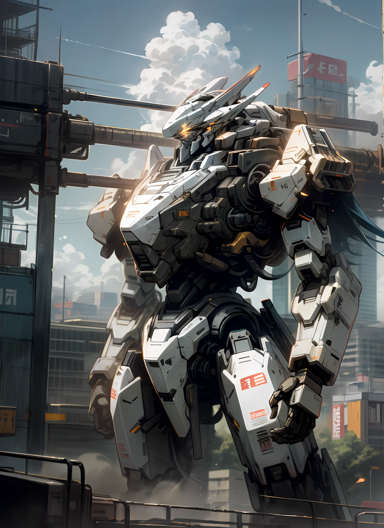 sky, cloud, holding_weapon, no_humans, glowing, , robot, building, glowing_eyes, mecha, science_fiction, city, realistic,mecha