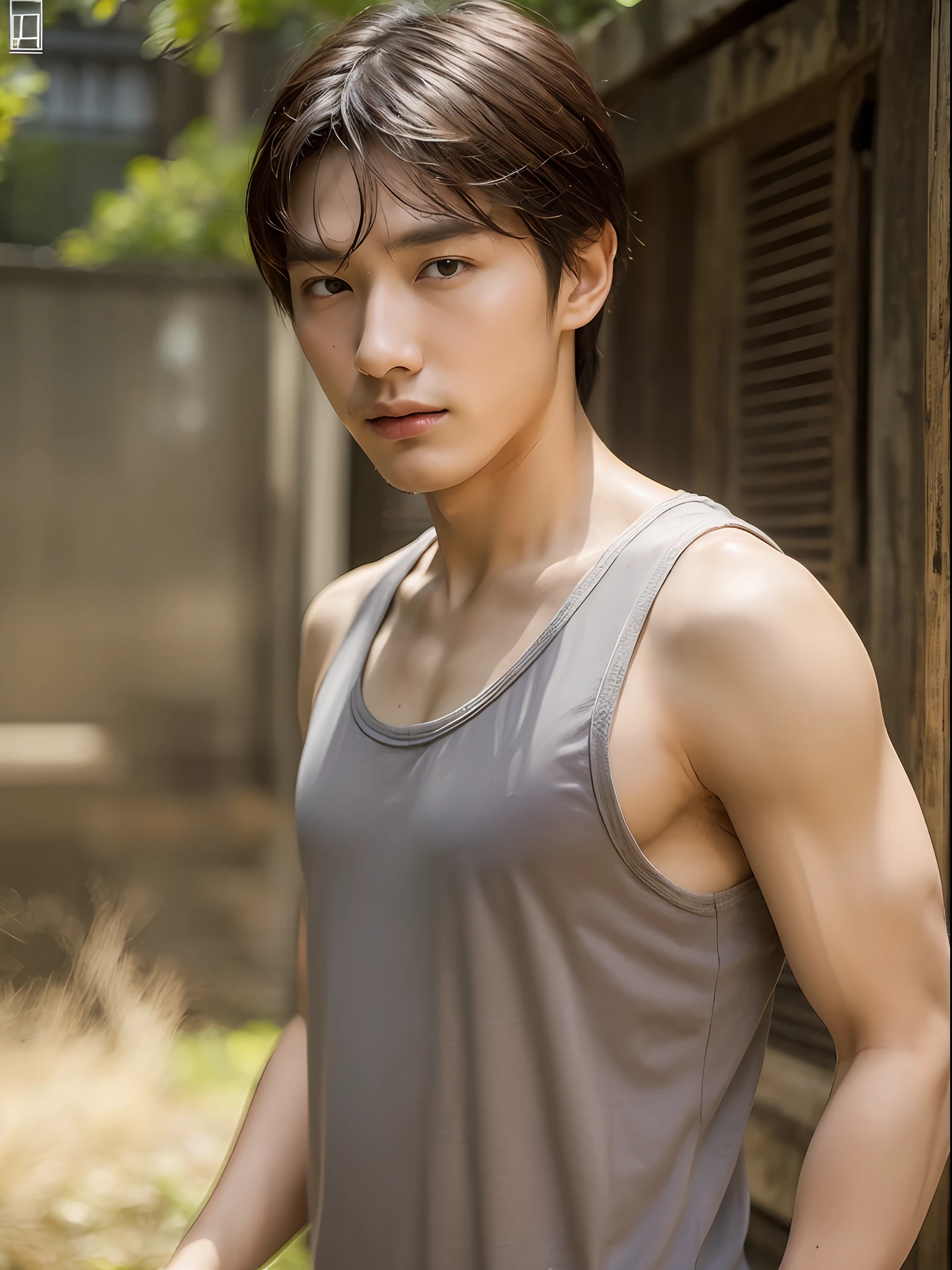 ​masterpiece、top-quality、1 male、a handsome、20yr old、japanes、Showa、Tank Tops