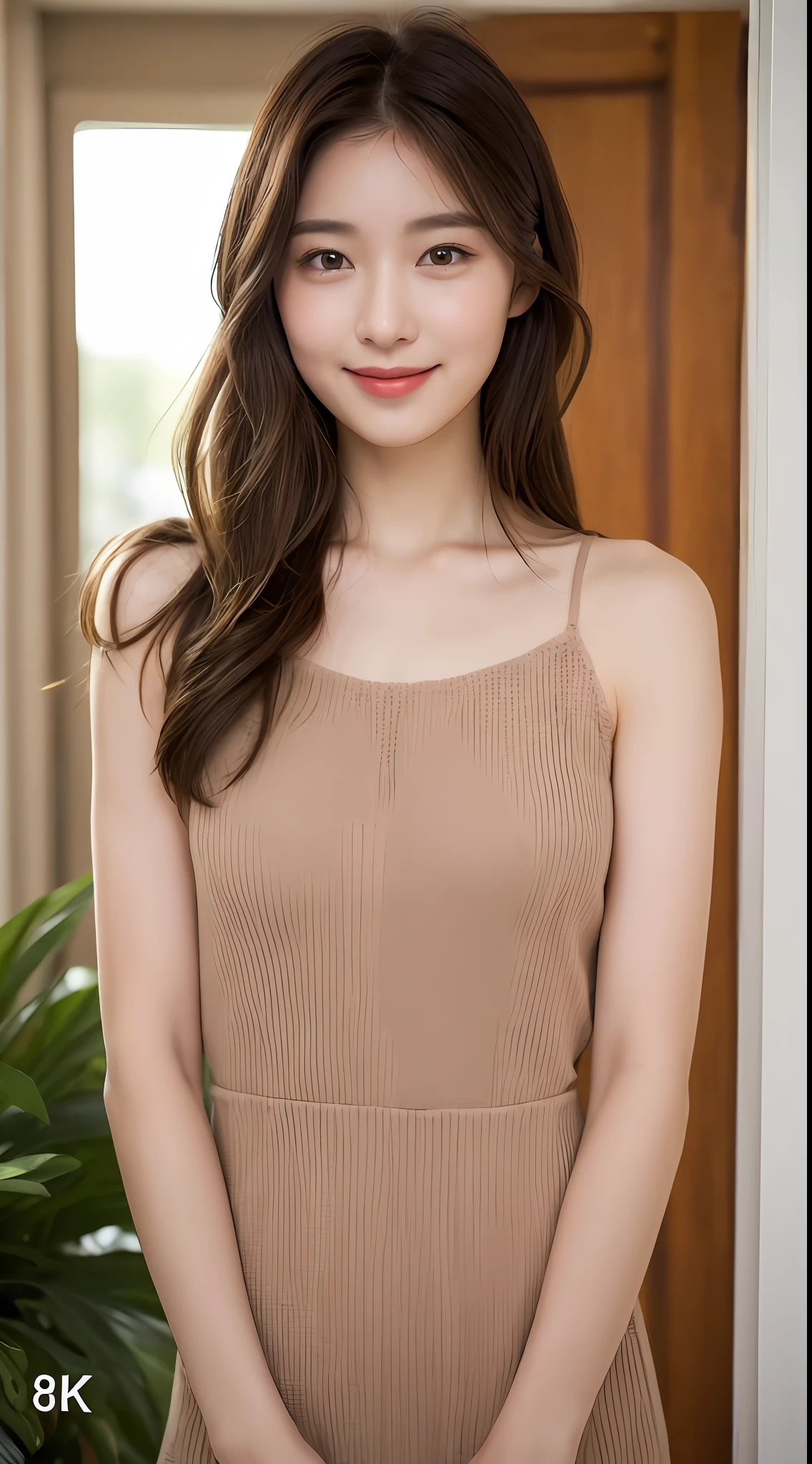 ((Best Quality, 8K, Masterpiece: 1.3)), 1 Girl, Slim Abs Beauty: 1.3, (Hairstyle Brown Hair Shortcut, Big: 1.2), Dress: 1.1, Super Slender Face, Delicate Eyes, Double Eyelids, Smile, Home, Raw Photo
