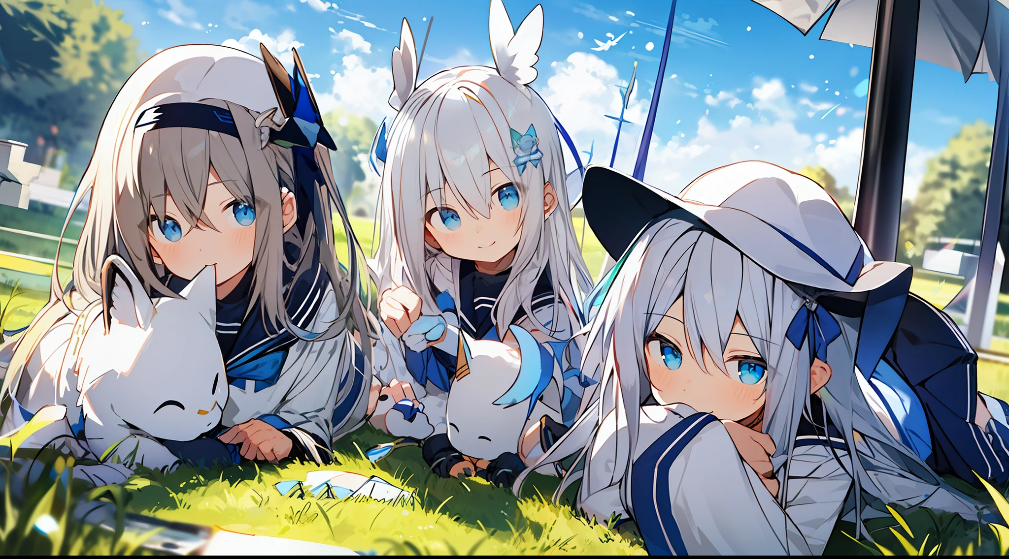 Simple lines、​masterpiece、top-quality、high-level image quality、silber hair、Anime style、blue eyess、cute little、Magic School Costumes、Angel wings、smil、put index finger on mouth、grass field、Amazing skies