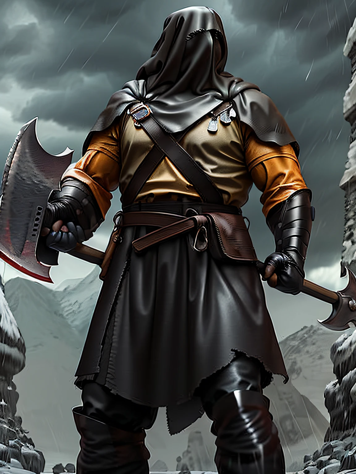 male executioner , he is wielding a heavy axe in the rain,