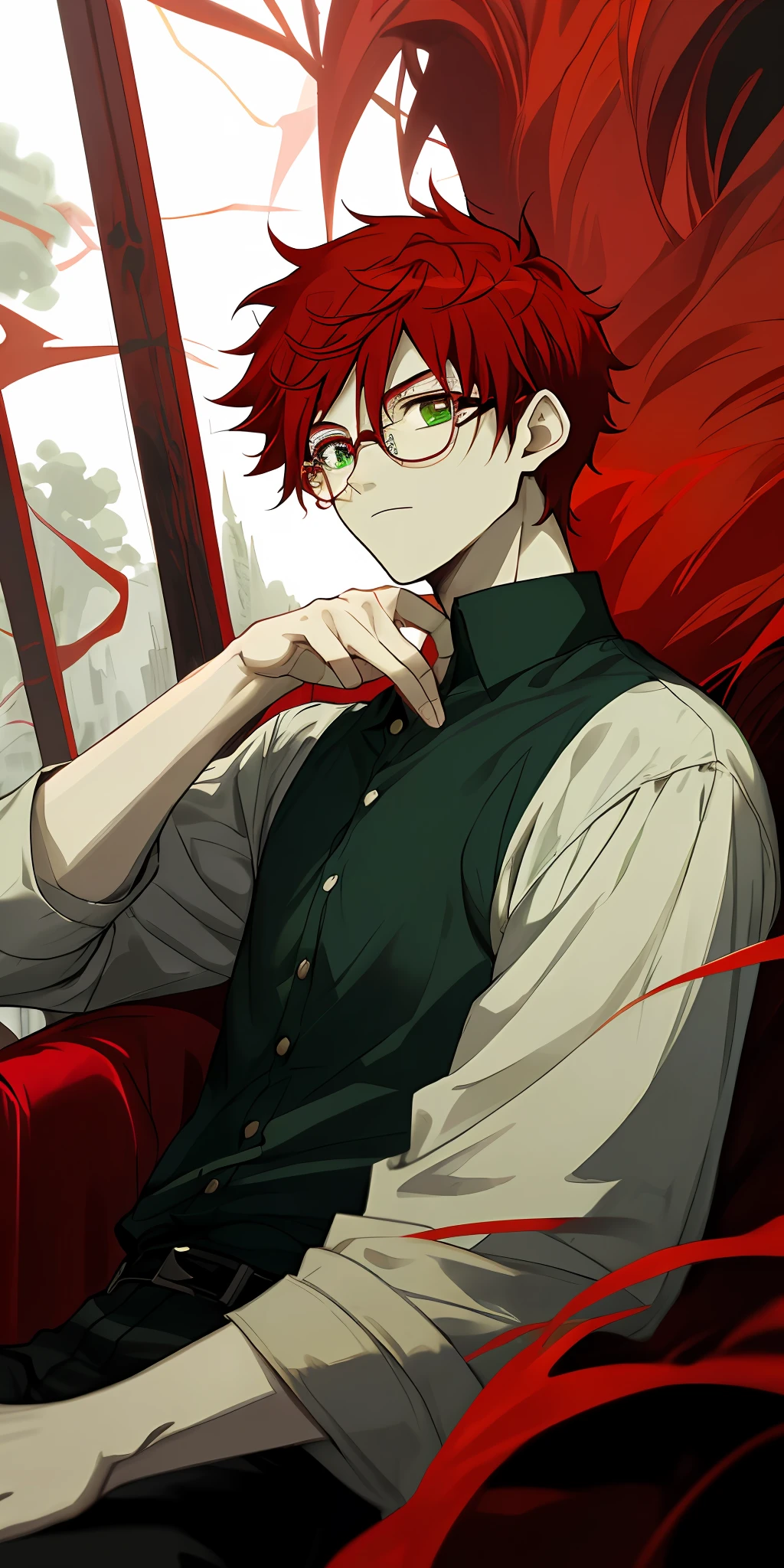 (masterpiece, best quality), Anime boy, young man, solo, 1 boy solo, red hair, messy red hair, messy short red hair, pale skin, dark under eyes, dark eyebags, tired, modern clothes, peaceful scenery, beautiful soft lightning, detailed, glasses, black glasses, dark green eyes, relaxing, right hand on chest, right hand over chest