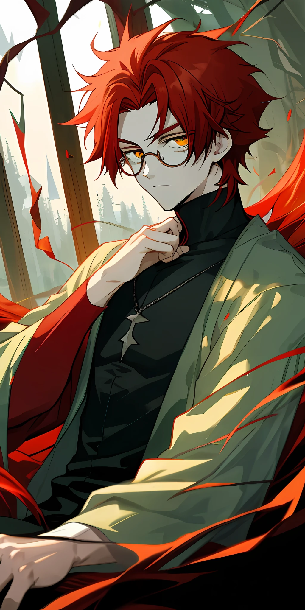 (masterpiece, best quality), Anime boy, young man, solo, 1 boy solo, red hair, messy red hair, messy short red hair, pale skin, dark under eyes, dark eyebags, tired, modern clothes, peaceful scenery, beautiful soft lightning, detailed, glasses, black glasses, dark green eyes, relaxing, right hand on chest, right hand over chest