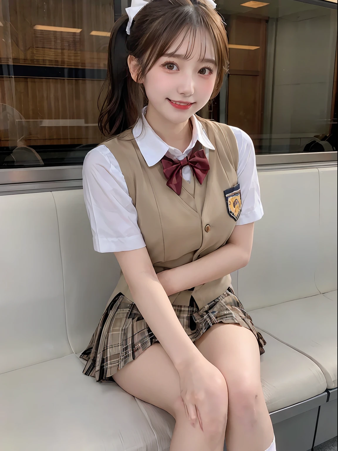 best quality, masterpiece, ultra high res, (photorealistic:1.4), RAW photo,cinematic lighting,(a japanese girl in a short skirt and bow tie sitting on a train:1.2),20 years old,big breasts,(detailed beautiful face:1.5),(real skin:1.5),slender,(thin legs:1.5),(big eyes:1.2),(smiling:1.3),(ponytail:1.5),cute schoolgirl, japanese girl school uniform, wearing japanese school uniform, japanese school uniform, a hyperrealistic schoolgirl, dressed as schoolgirl, hyperrealistic schoolgirl, wearing school uniform, realistic schoolgirl, girl wearing uniform, wearing a school uniform, of a schoolgirl posing, full body, nice skin, glowing skin, nice thighs,glowing thigh, glowing legs,