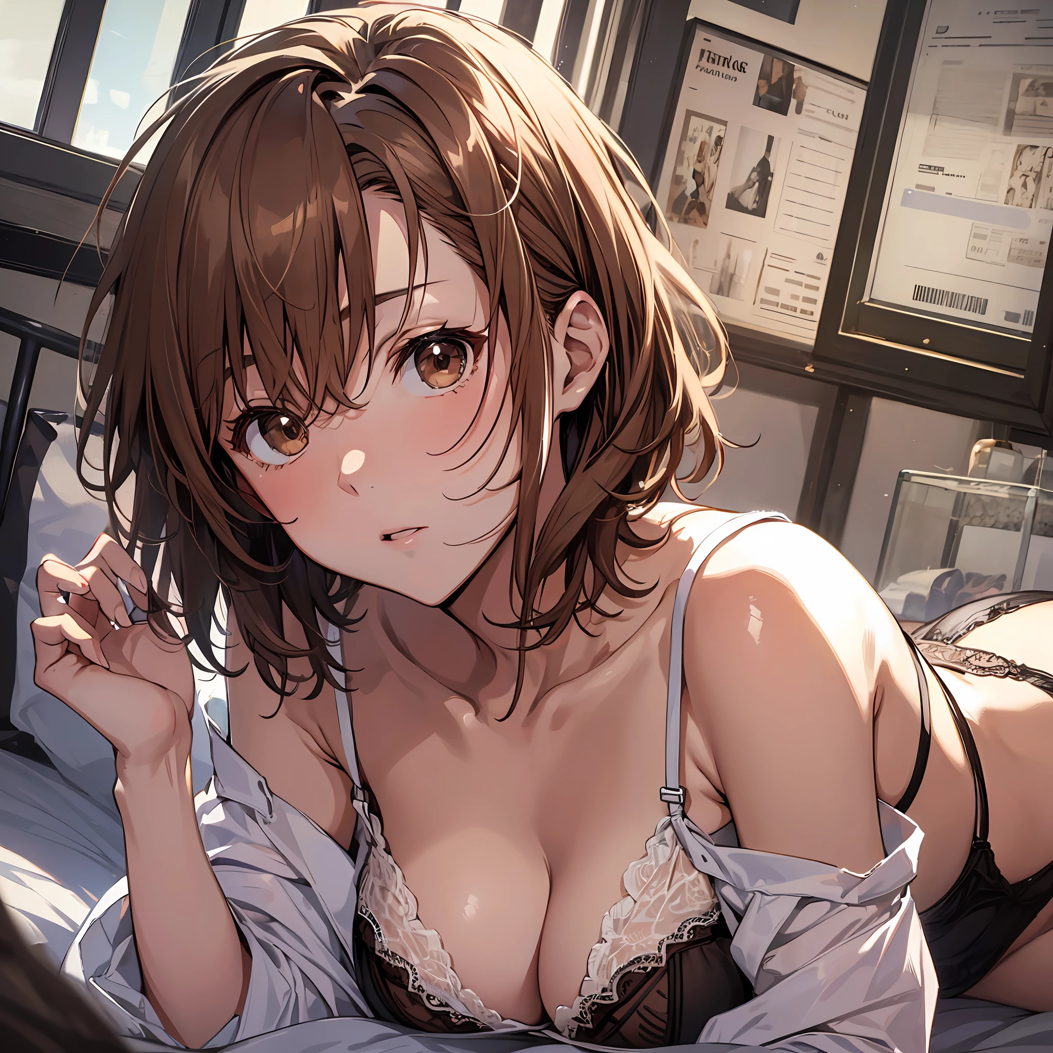 make, top-quality, Misaka_mikoto, Brown-eyed, Short_hair, Small_Breast,)on the beds Check Lingerie 16age sexypose cool expression