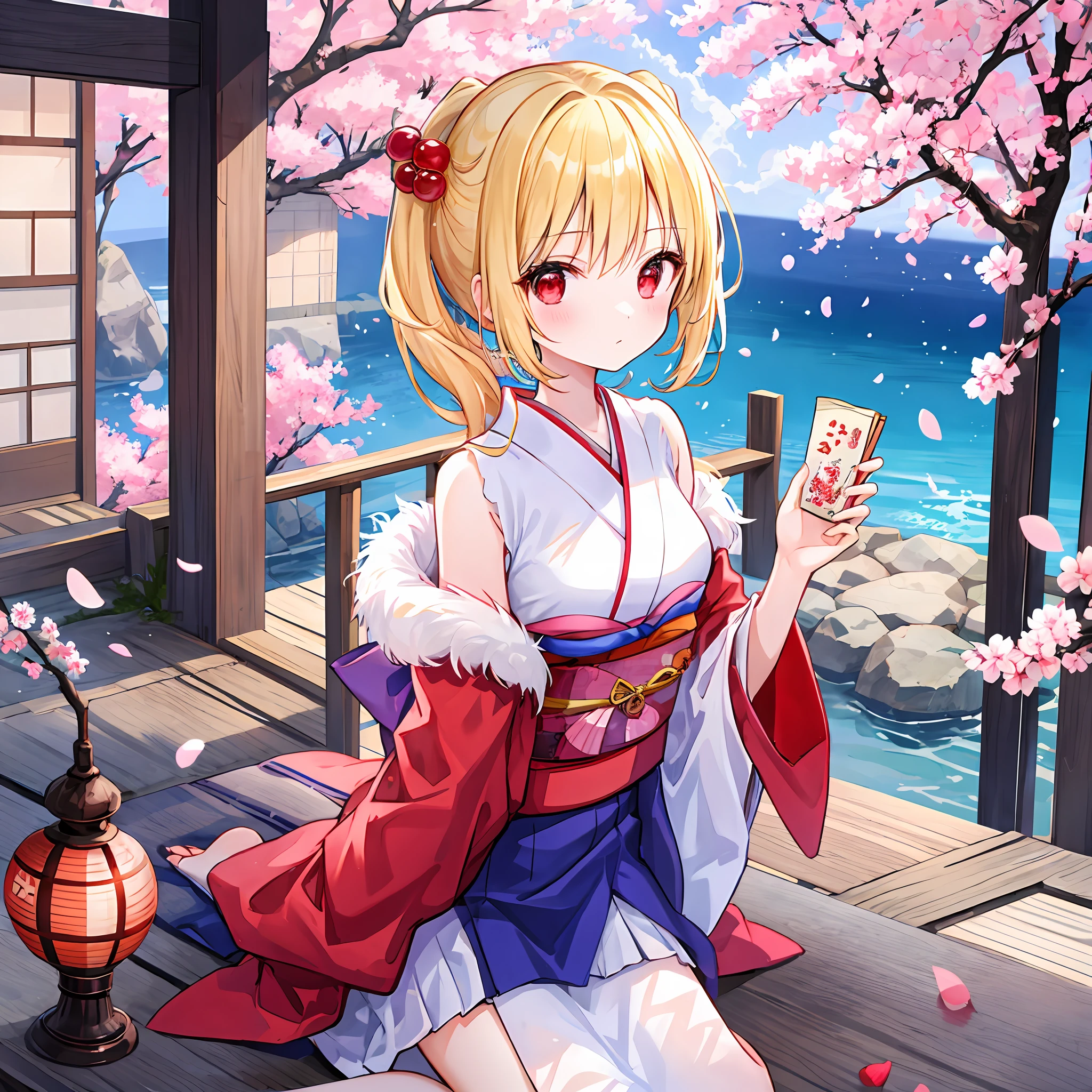 One beautiful blonde girl、poneyTail、red eyes、Kimono、off shoulders、cherry trees、traditional Japanese room