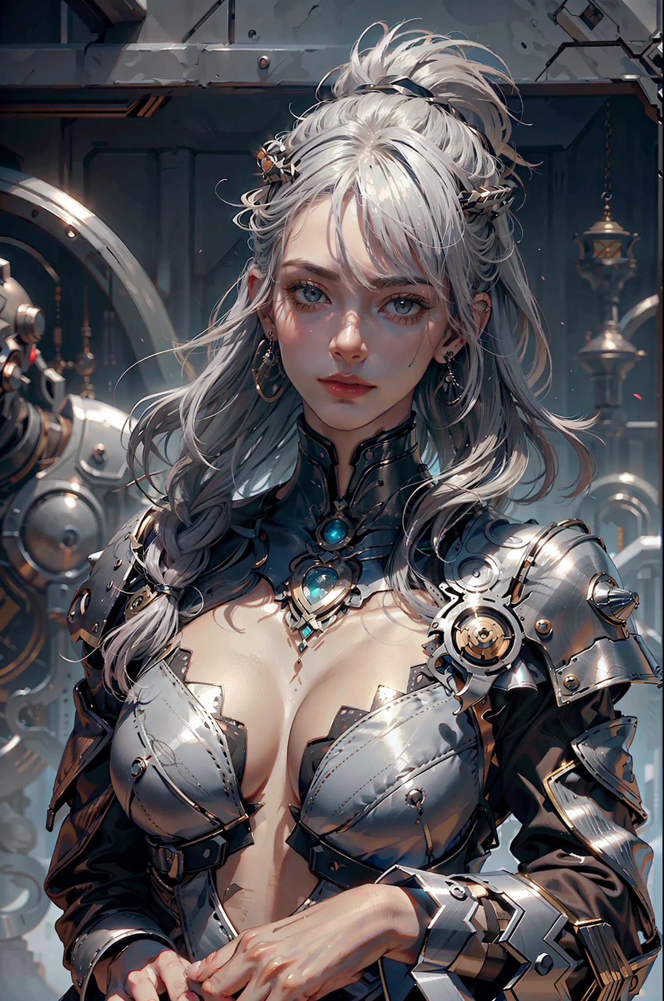 striated hair, Silver hair, Bangs, Asymmetrical hair, Shiny hair, shairband, Jewelry, earrings, Cinematic lighting, reflective light, masutepiece, nffsw, retinas, Anatomically correct, ccurate, Textured skin, Super Detail, high details, High quality, Best Quality, hight resolution, 8K