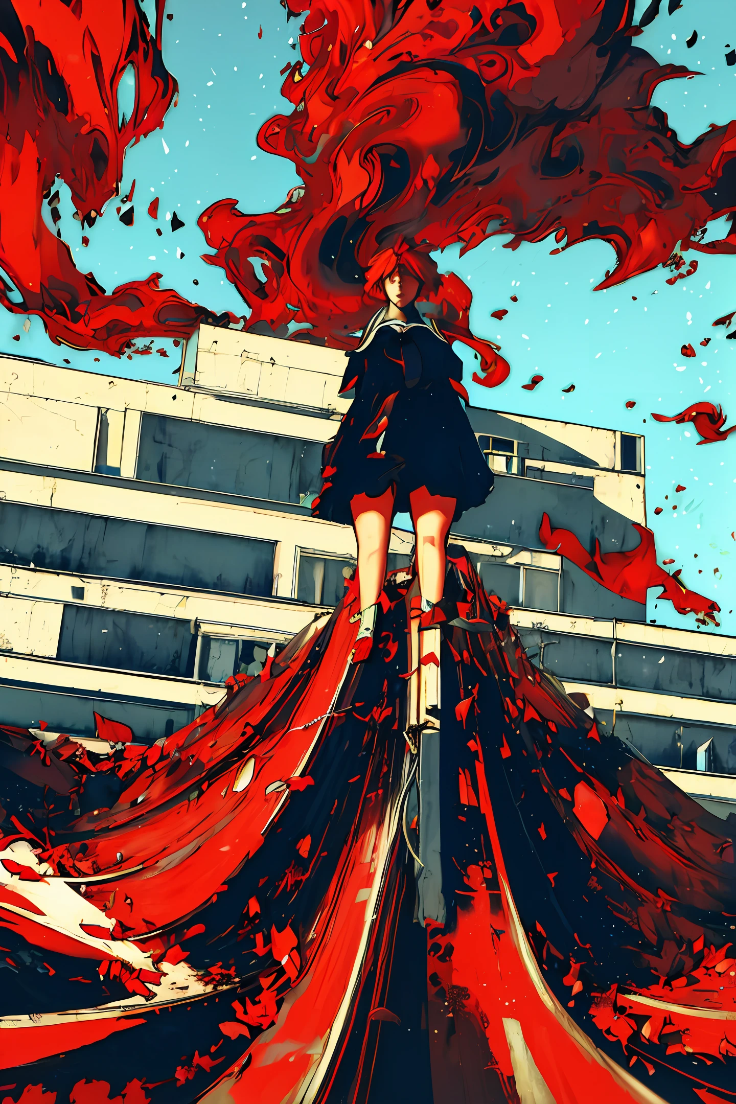 Rooftop,sitted,the original god,dazzling,JK skirt,schools,hyper HD,Overlooking,adolable,Sick,Be red in the face,Cover your face with your hands