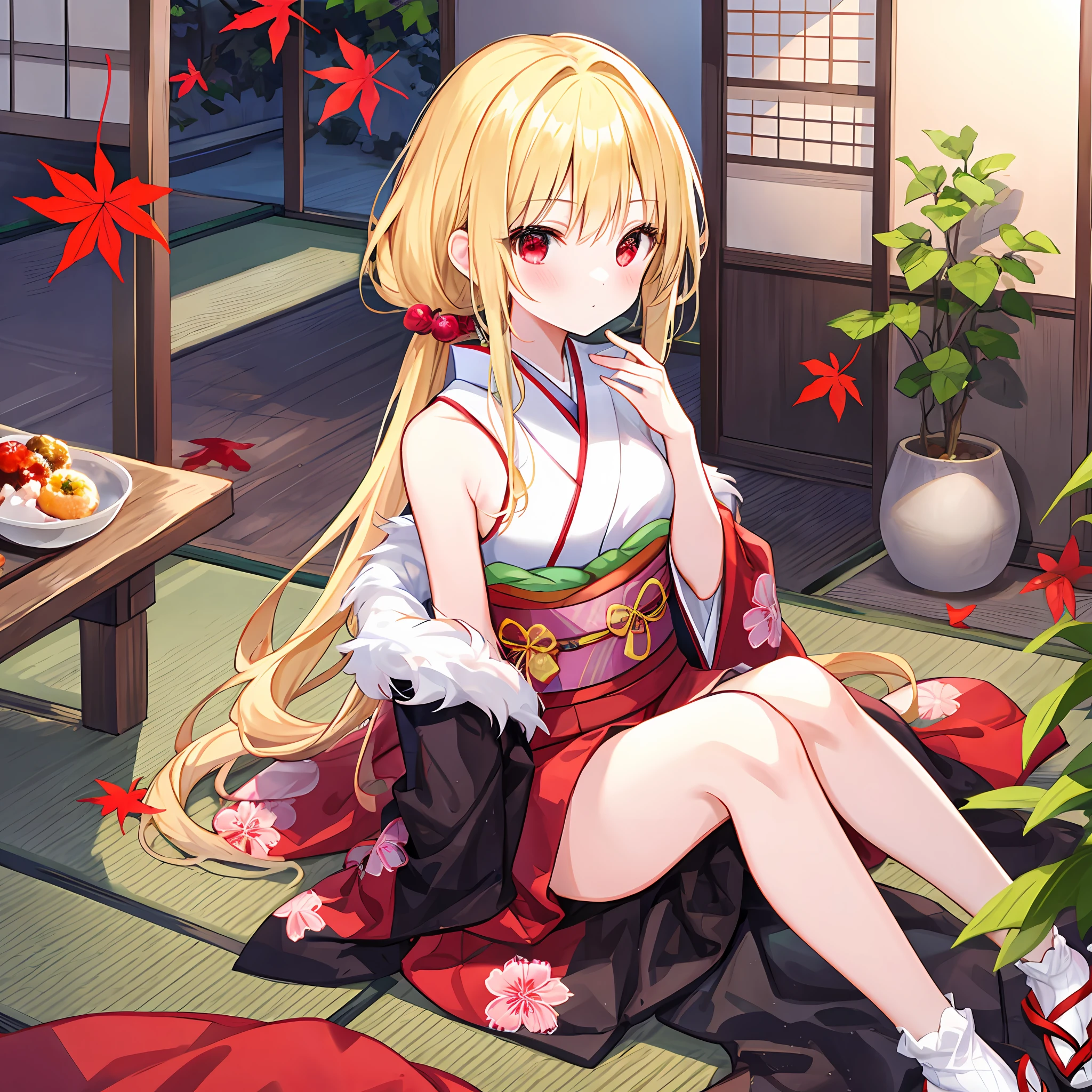 One beautiful blonde girl、poneyTail、red eyes、Kimono、off shoulders、Colored leaves、traditional Japanese room