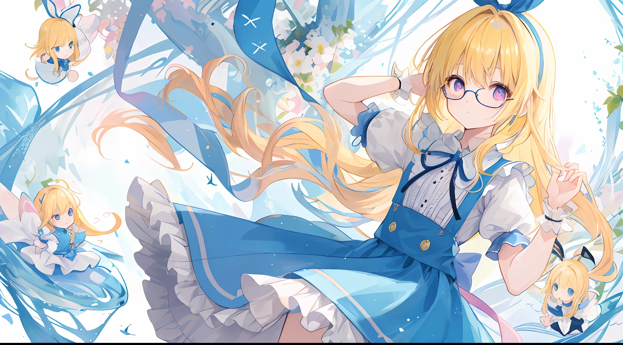 One girl、Yellow hair、alice in the wonderland、Blue ribbon on head、masterpiece、top-quality、Top image quality、beautiful hairl、beautidful eyes、Pink eyes、cute little、Wavy hair、Alice in Wonderland Costume、Small glasses、worried face