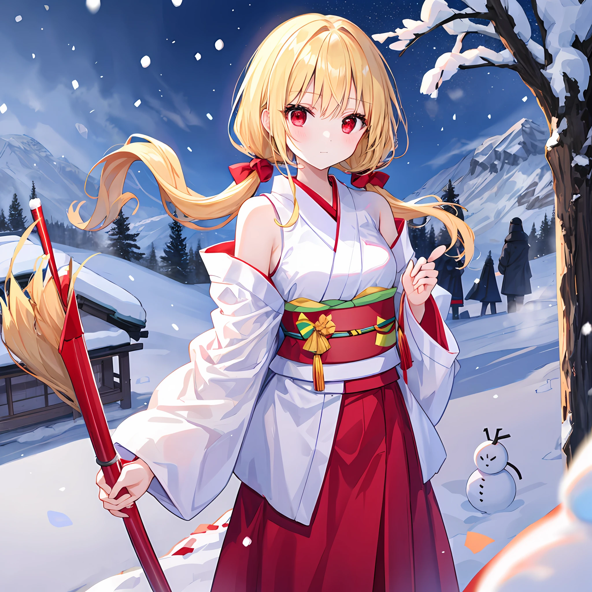 One beautiful blonde girl、poneyTail、red eyes、White kimono、off shoulders、snow woman、snow mountains、snow blowing