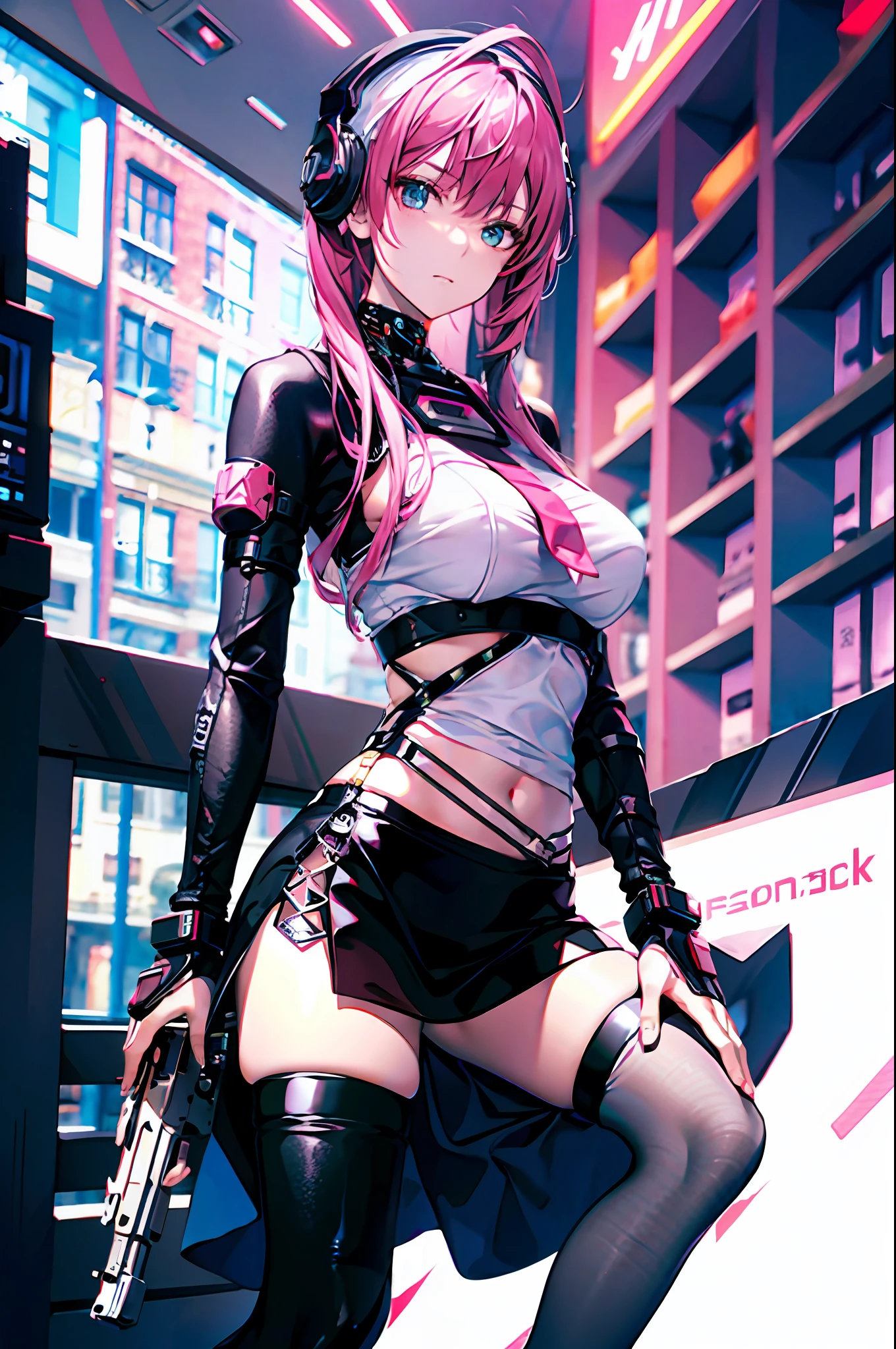 White top,White folds,over knee socks,full bodyesbian,cyber punk perssonage,Gun in hand,urban backdrop,8k