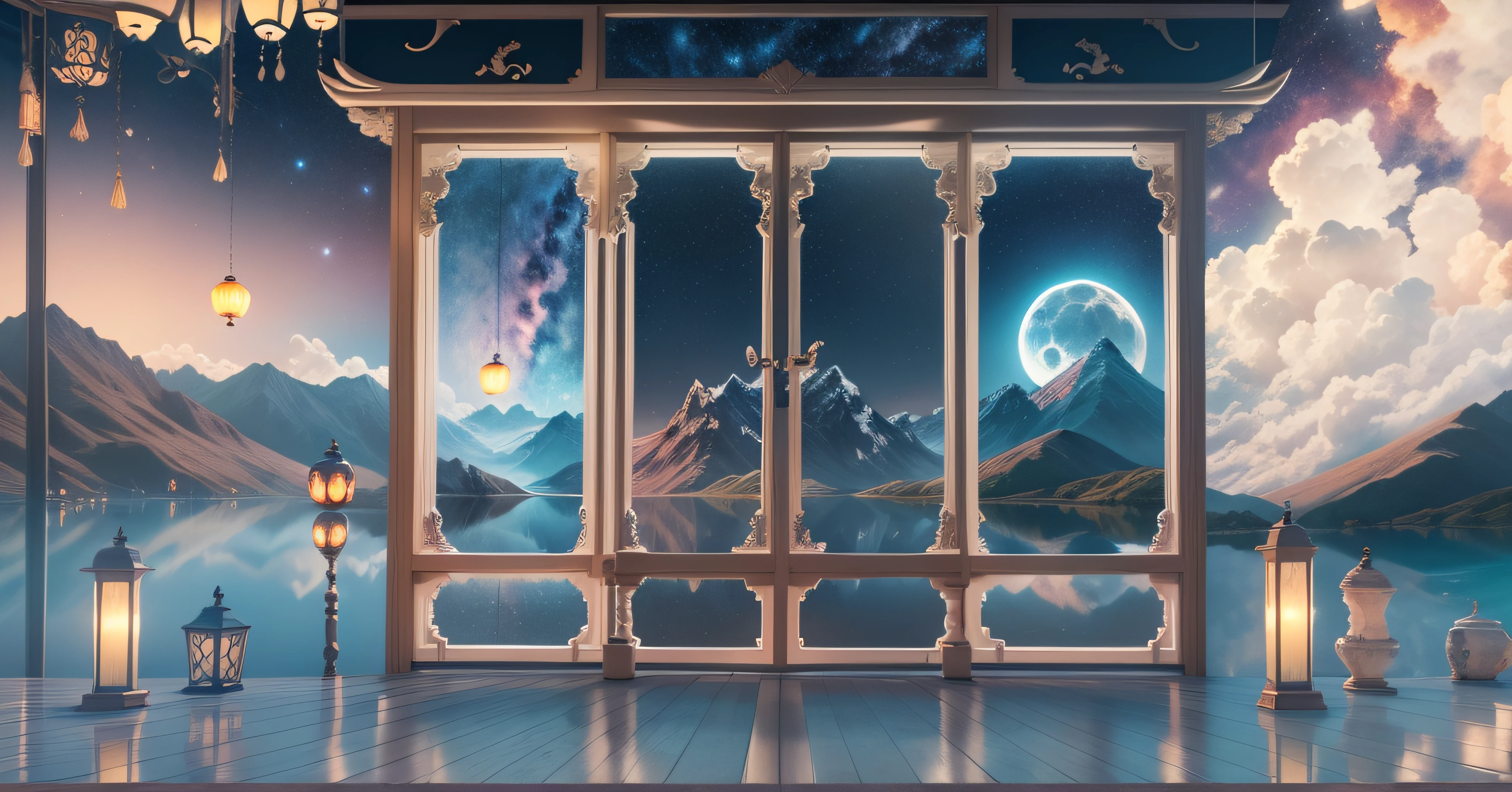 tmasterpiece,Best quality at best,(Very detailed CG unity 8K wallpaper),(Best quality at best),(The best illustrations),paper lanterns、China-style、inside in room,Panoramic window sills、(Huge Full Moon、super moon、In the middle of thepicture)、Far Mountain、Cloud、aquarelle、lakes、As estrelas、meteors、poster for、(glowworm),butterflys,(with light glowing),(Particle effect), Isometric 3D, Octane rendering, Ray traching, ultra-detailliert