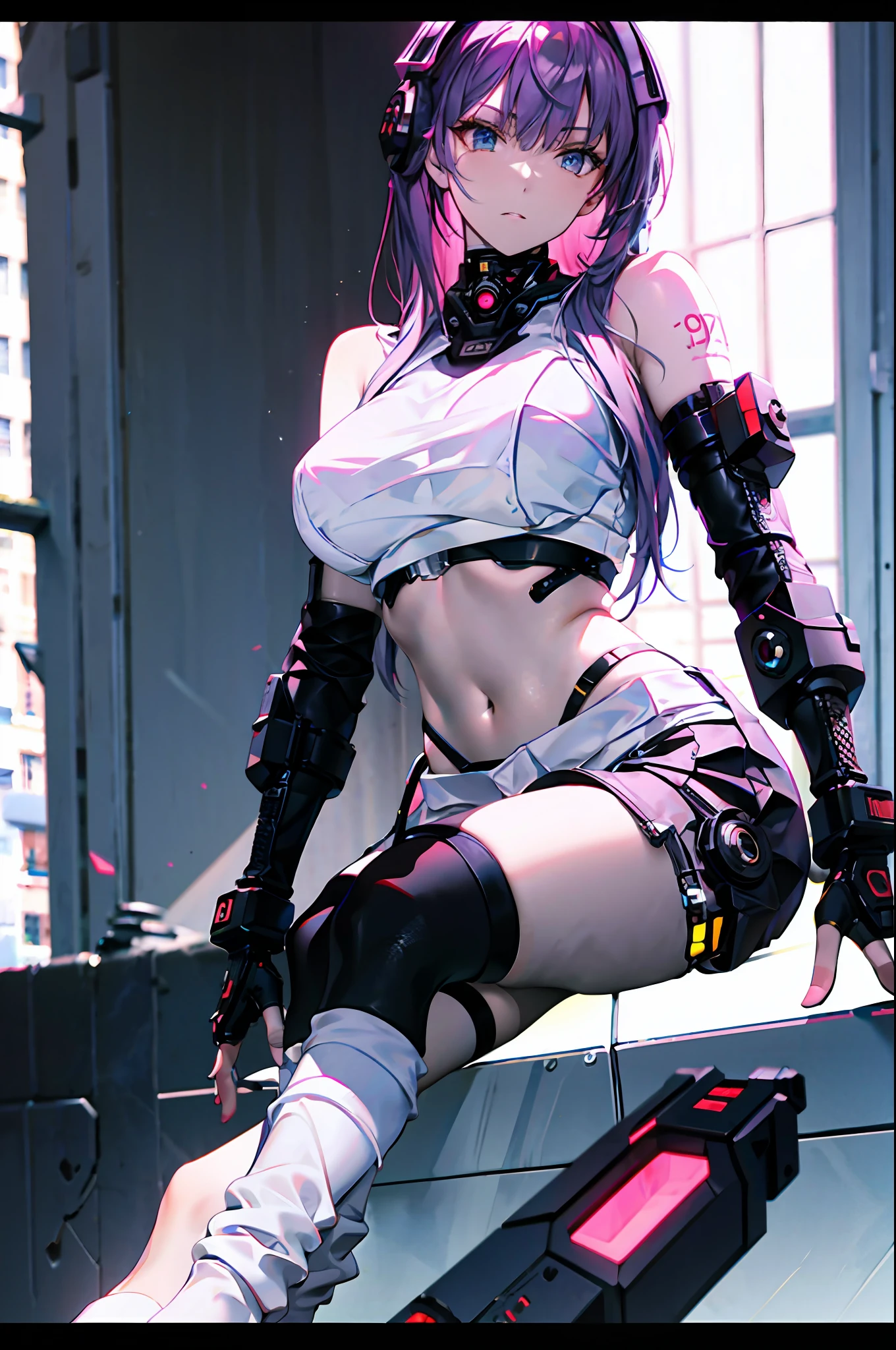 White top,White folds,over knee socks,full bodyesbian,cyber punk perssonage,Gun in hand,urban backdrop,8k