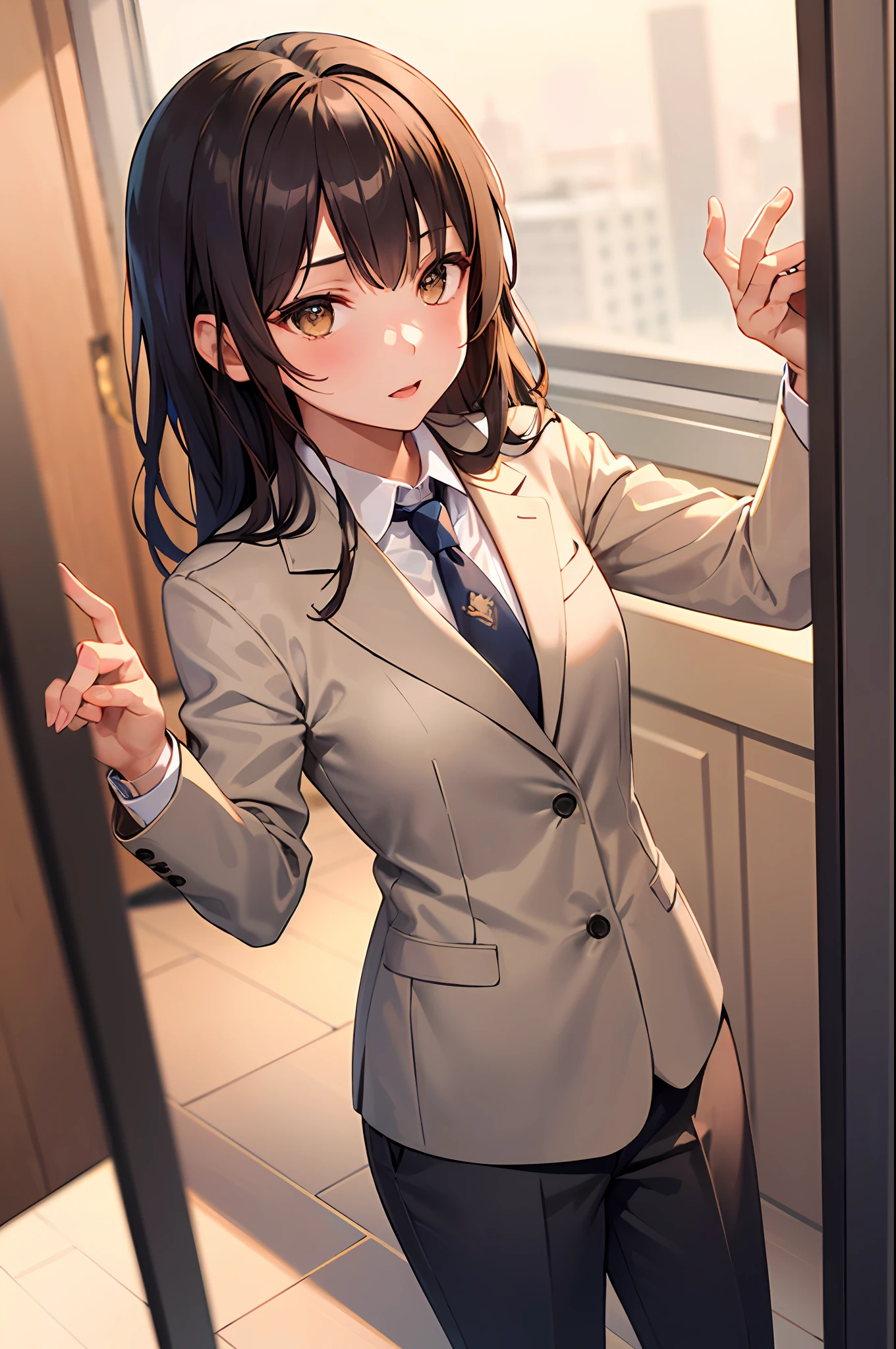 ((1girl, solo, Stacia)), standing, (three quarters views:1.2), (blazer, tie, pants:1.2), indoors, best quality, extremely detailed, CG, intricate, (depth of field:1.4),