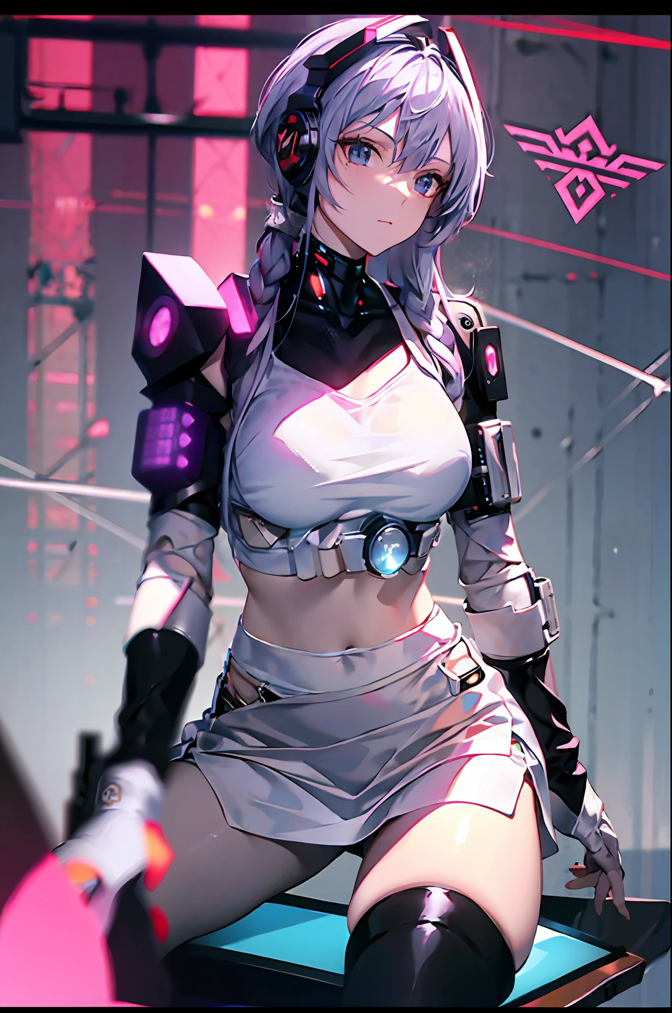 White top，White folds，over knee socks，full bodyesbian，cyber punk perssonage，Gun in hand，urban backdrop，8k