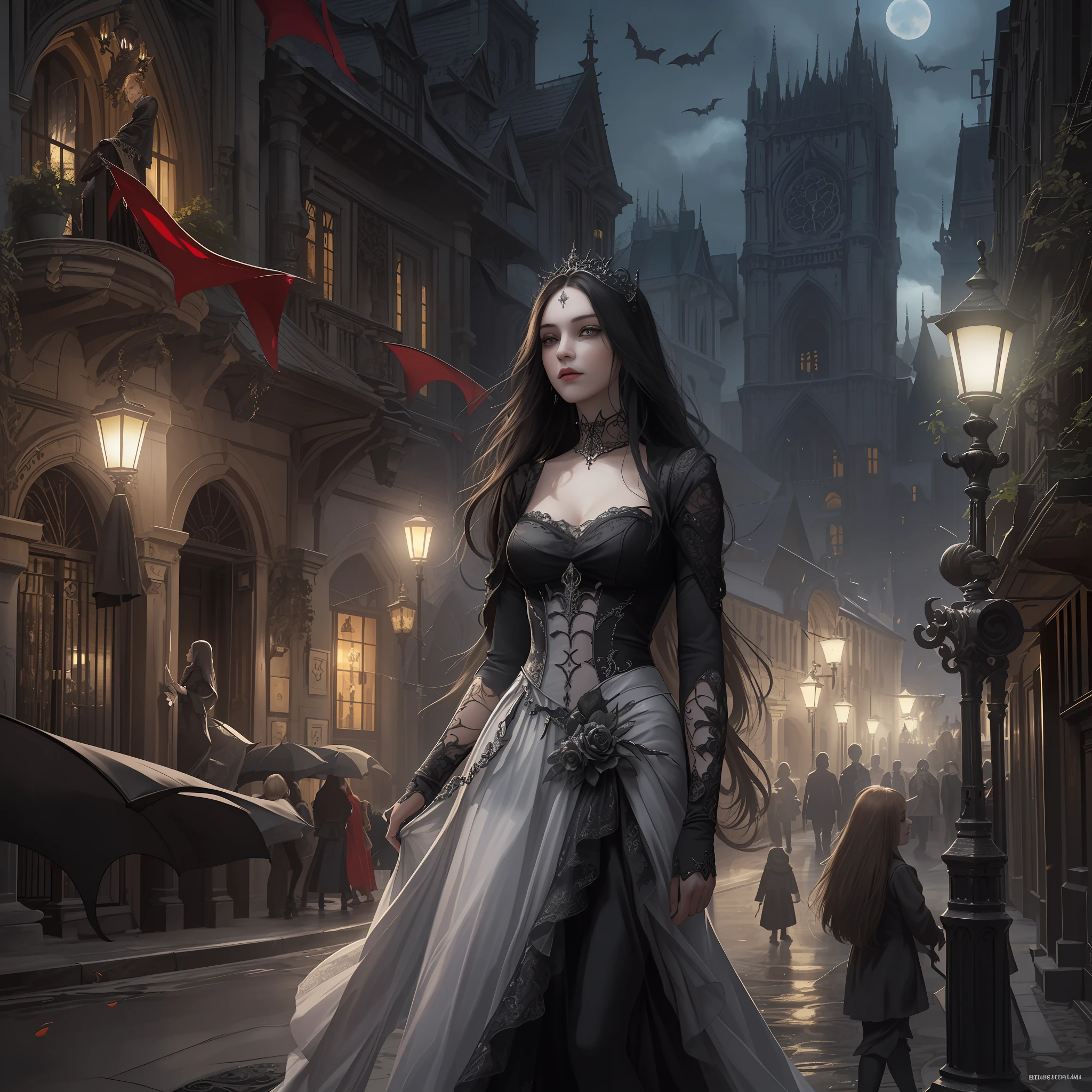 gothic art, dark fantasy art, a picture of a woman walking in a gothic style street at night, medieval street (1.4 intricate details, Masterpiece, best quality) at night (1.4 intricate details, Masterpiece, best quality), several buildings (1.4 intricate details, Masterpiece, best quality), red roses, beautiful woman (1.4 best details, gothic art, Masterpiece, best quality) Ultra Detailed Face (1.4 intricate details, gothic art, Masterpiece, best quality)woman walks in the [[street]] wearing a white dress (1.4 intricate details, Highly detailed Masterpiece, best quality) Ultra Detailed Face (1.4 intricate details, fantasy art, Masterpiece, best quality) bats flying in the background, dynamic angle, affraid, gothic atmposphere, moon light, wide angle, ultra wide angle, (8k, Photorealistic, Best Quality: 1.4)