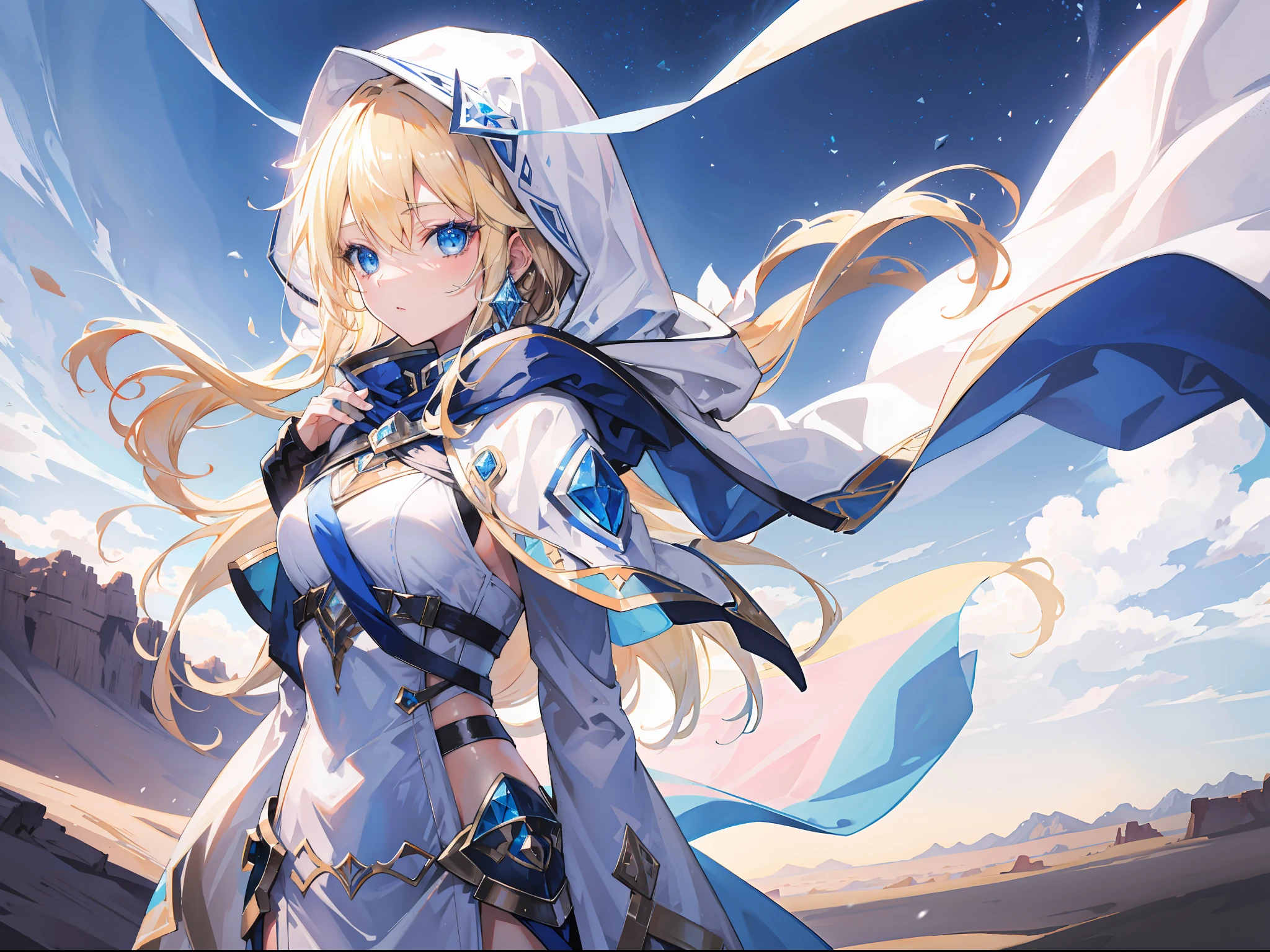 "Epic desert daylight atmosphere, stunning 4k artwork featuring a beautiful girl with tied light-blonde hair. Blue diamond eyes. She was wearing white heroine cloak and hood in desert"