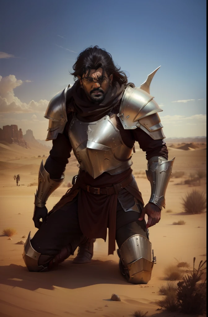 a poster of a man in armor kneeling in a desert, movie promotional image, still from a fantasy movie, vinayak, fantasy movie still, futuristic,fantasy, --auto