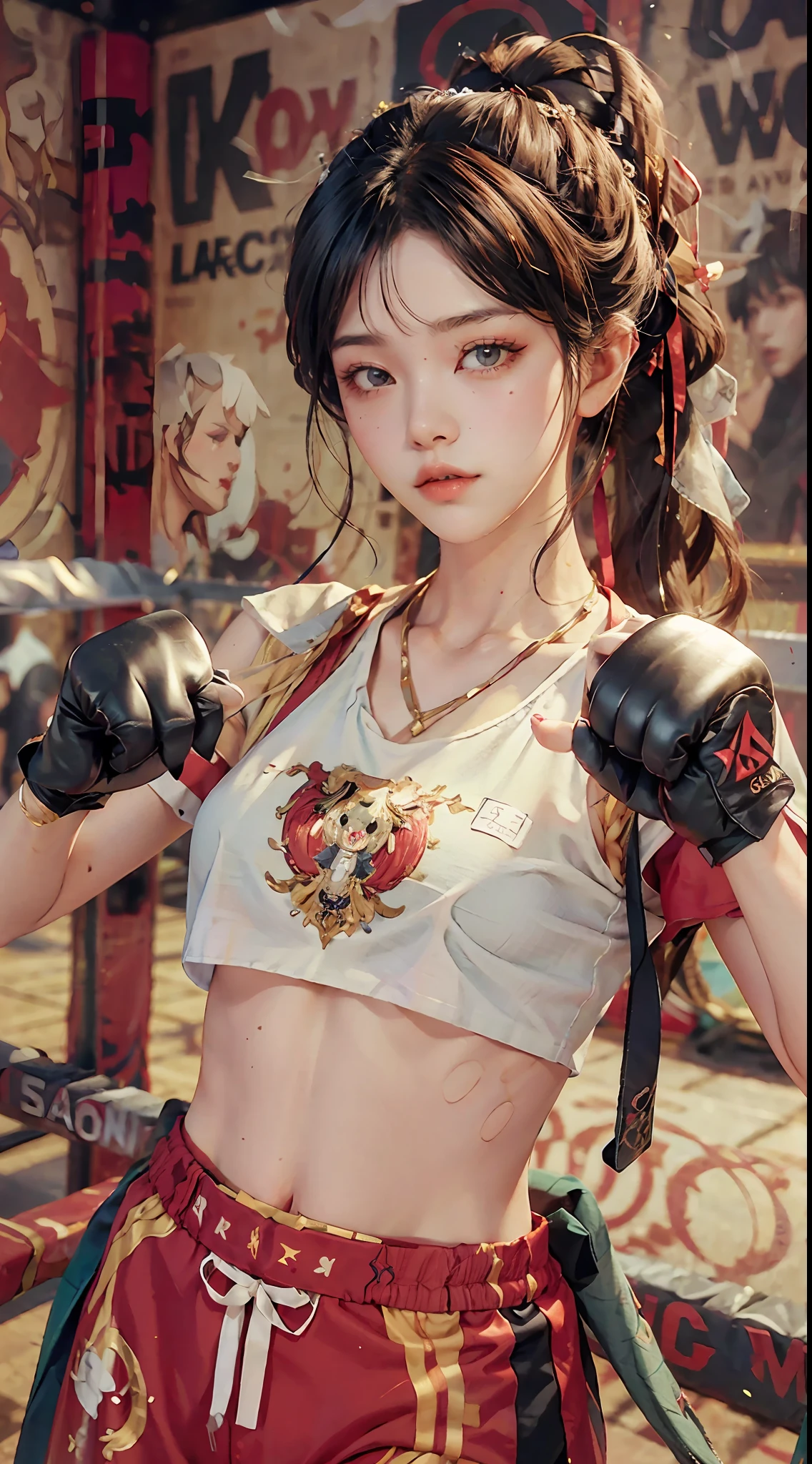 Masterpiece, top quality, (realistic, realistic: 1.4), (RAW photo: 1.2), very delicate CG Unity 8K wallpaper, very delicate beautiful, wonderful, boxing pose, oversized breasts (1.4), attention to detail, very fine, very delicate, beautiful eyes and face, beautiful delicate eyes, light on face, a girl, ponytail, bust, pe uniform short sleeve crop top t-shirt, boxing gloves, bare arms, bangs, boxing gym, boxing ring, ULZZANG-6500-v1.1