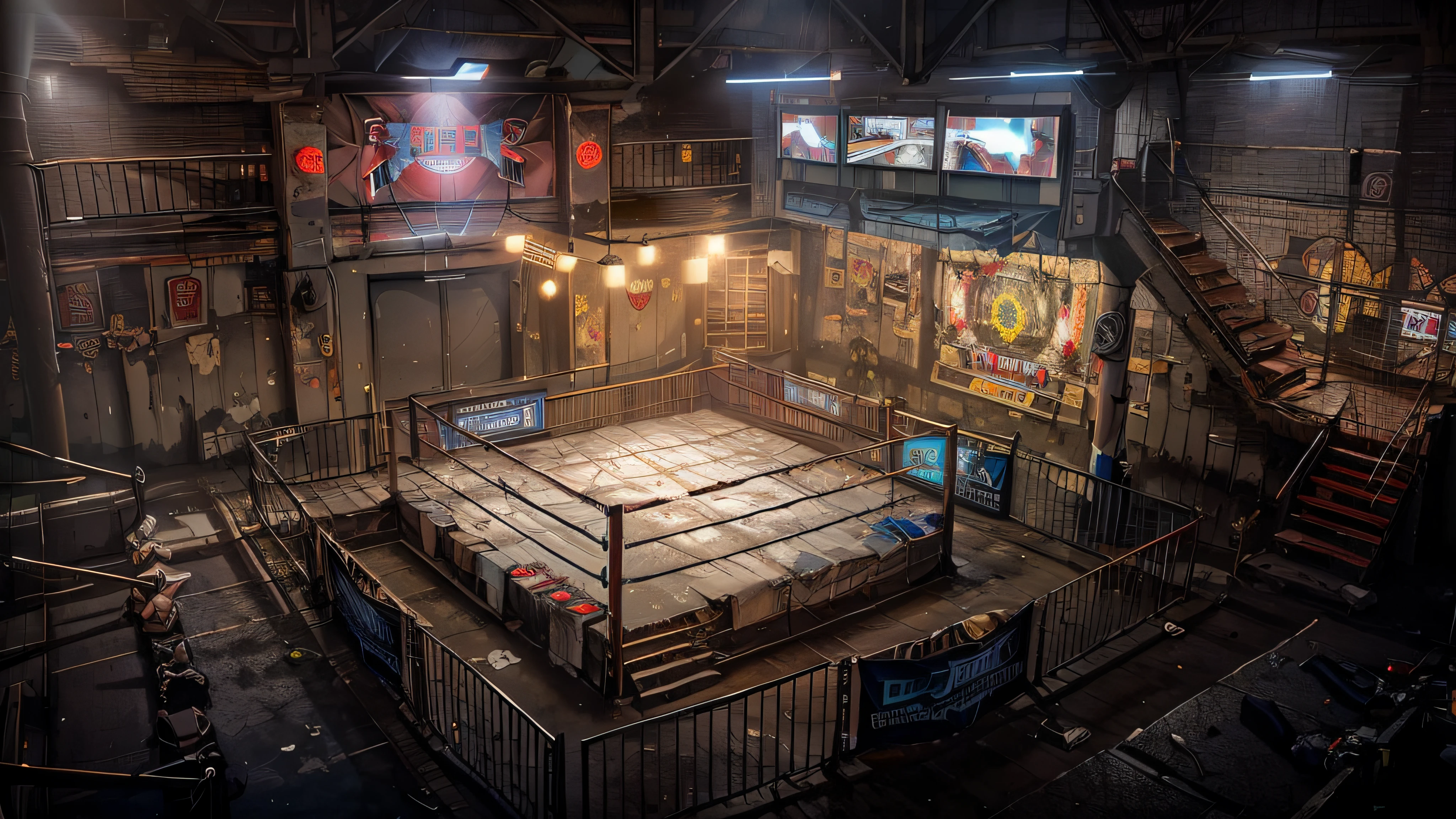 Dark forest style underground boxing gym,Two floors,Two floors,Second floor corridor,Second floor,Octagonal cage,Boxing ring,ring,boxing venue,fistfighting,sandbag,Ultra-long viewing angle,The lighting is dim,The light is dim,fisheyelens,wide wide shot,Large viewing angle,Underground casino,boxing match,well worn,clutter,illegal,Underground organizations,Underground places,Southeast Asian Boxing Gym,Underground casino,Underground casino in Thailand,Underground Black Fist,hyper HD,32K,16k,Chinese slogan,Chinese ads,The Chinese characters