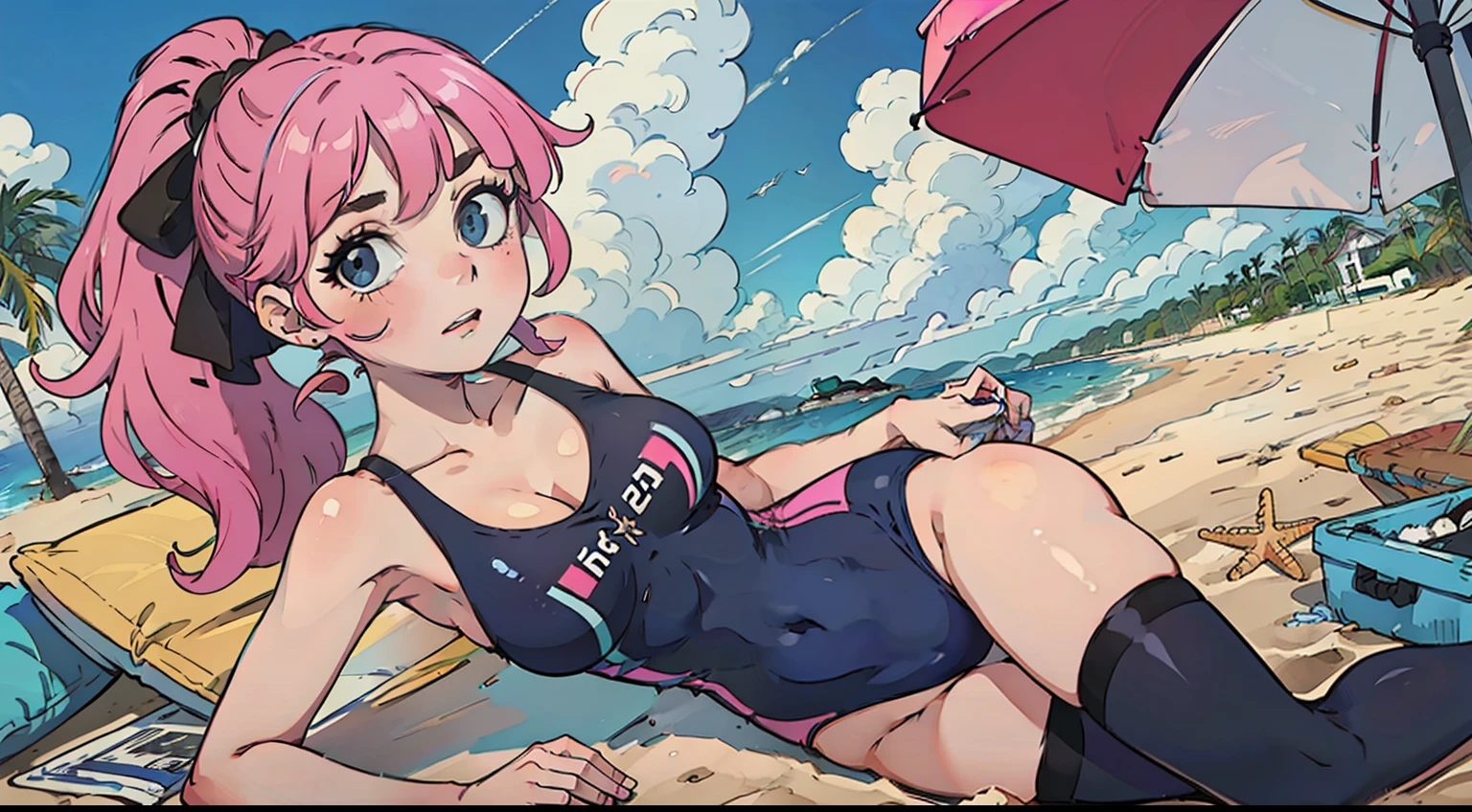 (masterpiece), best quality, expressive eyes, perfect face, Pink and Black One-piece swimsuit, Looking at viewer, Pull, Rainbow Ponytail hair, Vibrant, A Tall Woman, Beach, Thigh Highs