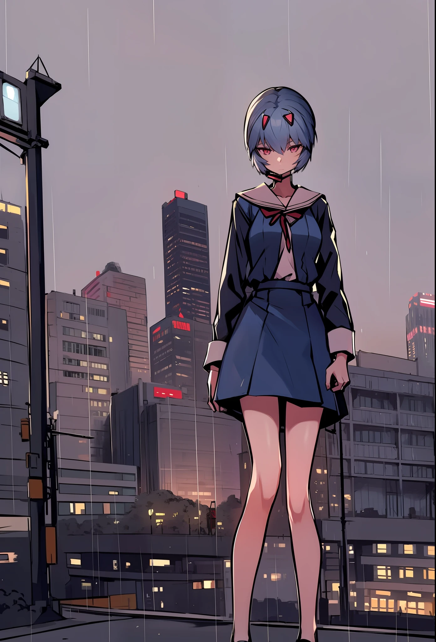 best quality,highly detailed,masterpiece,ultra-detailed,solo,1girl,(white background:1.5),(Delicate eyes),ayanami_rei,building, bird, city, ribbon, outdoors, skyscraper, red_ribbon, neck_ribbon, utility_pole, solo, short_hair, power_lines, grey_sky, cloud, rain, sky, scenery, overcast, airplane, bag, cityscape, jacket, cloudy_sky, road, aircraft, ruins, lamppost, school_uniform,blue hair, masterpiece, best quality, detailed, 1girl, pink eyes, short hair, blue hair, medium breasts, ((little mouth)), hair ornament, close up, slim legs, long legs, pink panties, sailor dress, lift dress