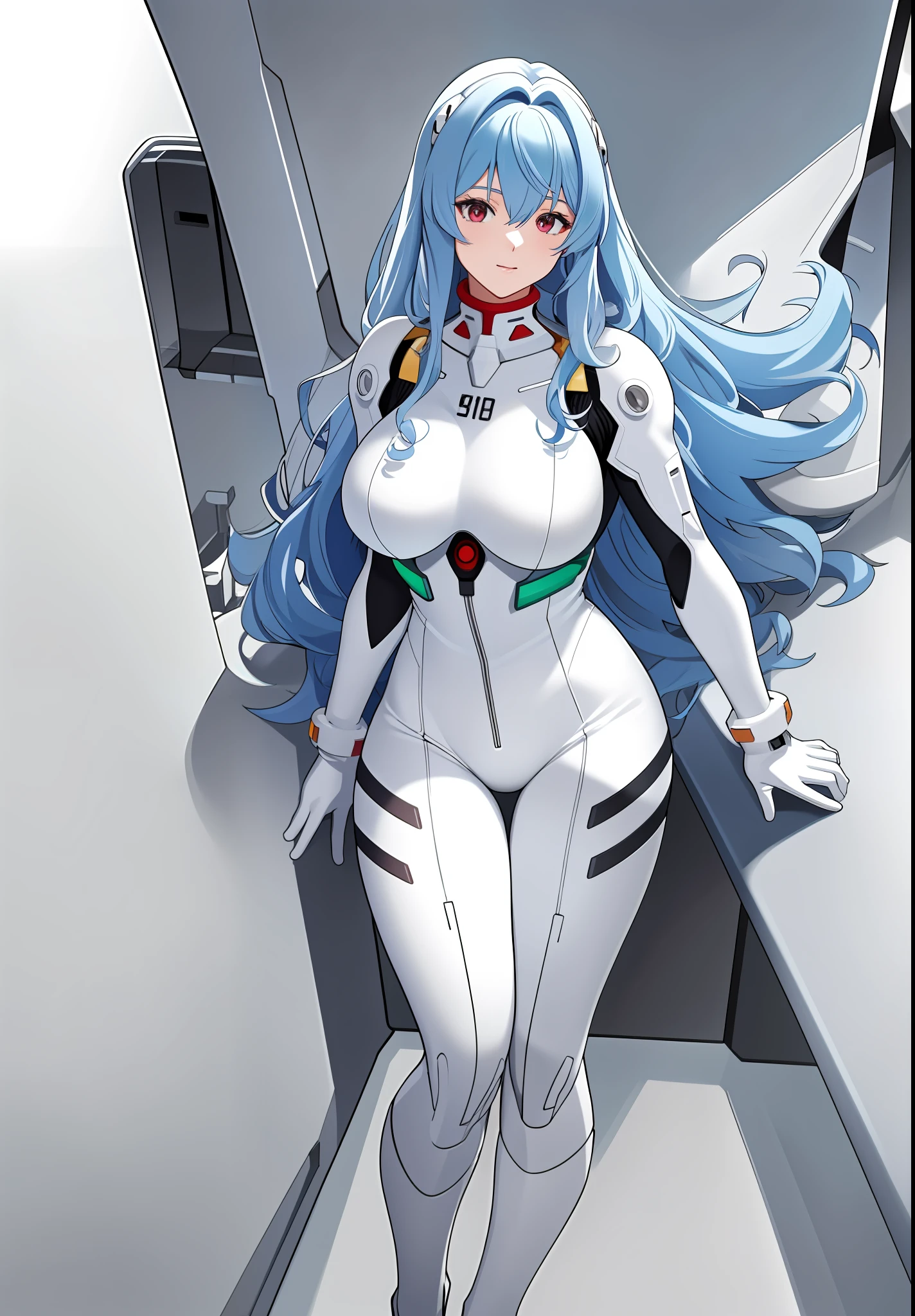 ((masterpiece)), (best quality:1.7), (detailed:1.4), (high res:1.4), 8k, (colorful:1.5), 2d, high resolution, sharped image, 4k, hd, rei_evangelion, 1girl, (((solo))), ((light blue hair)), red eyes, long hair, cleavage, ((full body)), curvy body, big breasts, cowboy shot, plugsuit, pilot suit, interface headset, hand on own thigh, white bodysuit, white pilot suit, white plugsuit, ((absurdly long hair)), field, sea, grass, ((kinky hair)), ((curly hair)),