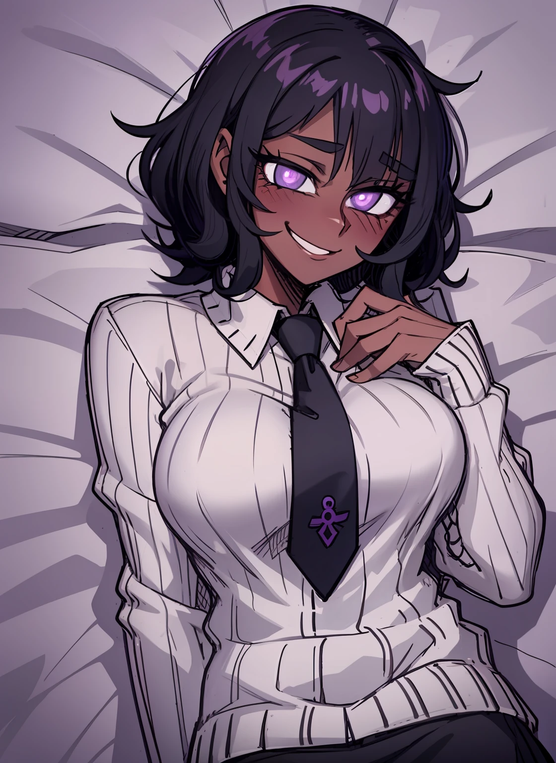 dark skin, short purple black hair, purple pupils, love in eyes, blushing, cute, smug, smile, rolling eyes, purple sweater, green necktie, short skirt, long sleeves, big breasts