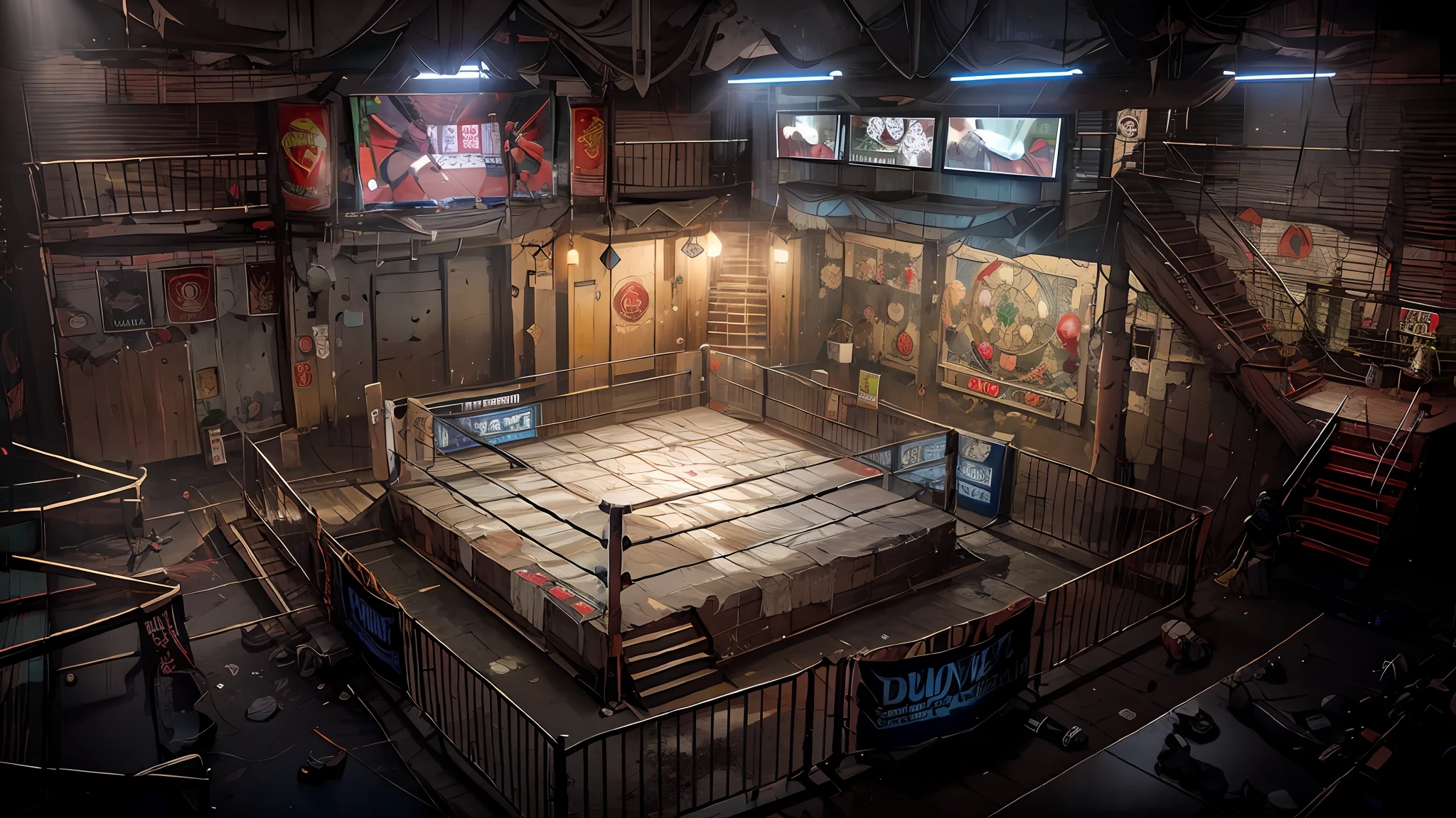 Dark forest style underground boxing gym,Two floors,Two floors,Second floor corridor,Second floor,Octagonal cage,Boxing ring,ring,boxing venue,fistfighting,sandbag,Ultra-long viewing angle,The lighting is dim,The light is dim,fisheyelens,wide wide shot,Large viewing angle,Underground casino,boxing match,well worn,clutter,illegal,Underground organizations,Underground places,Southeast Asian Boxing Gym,Underground casino,Underground casino in Thailand,Underground Black Fist,hyper HD,32K,16k,Chinese slogan,Chinese ads,The Chinese characters