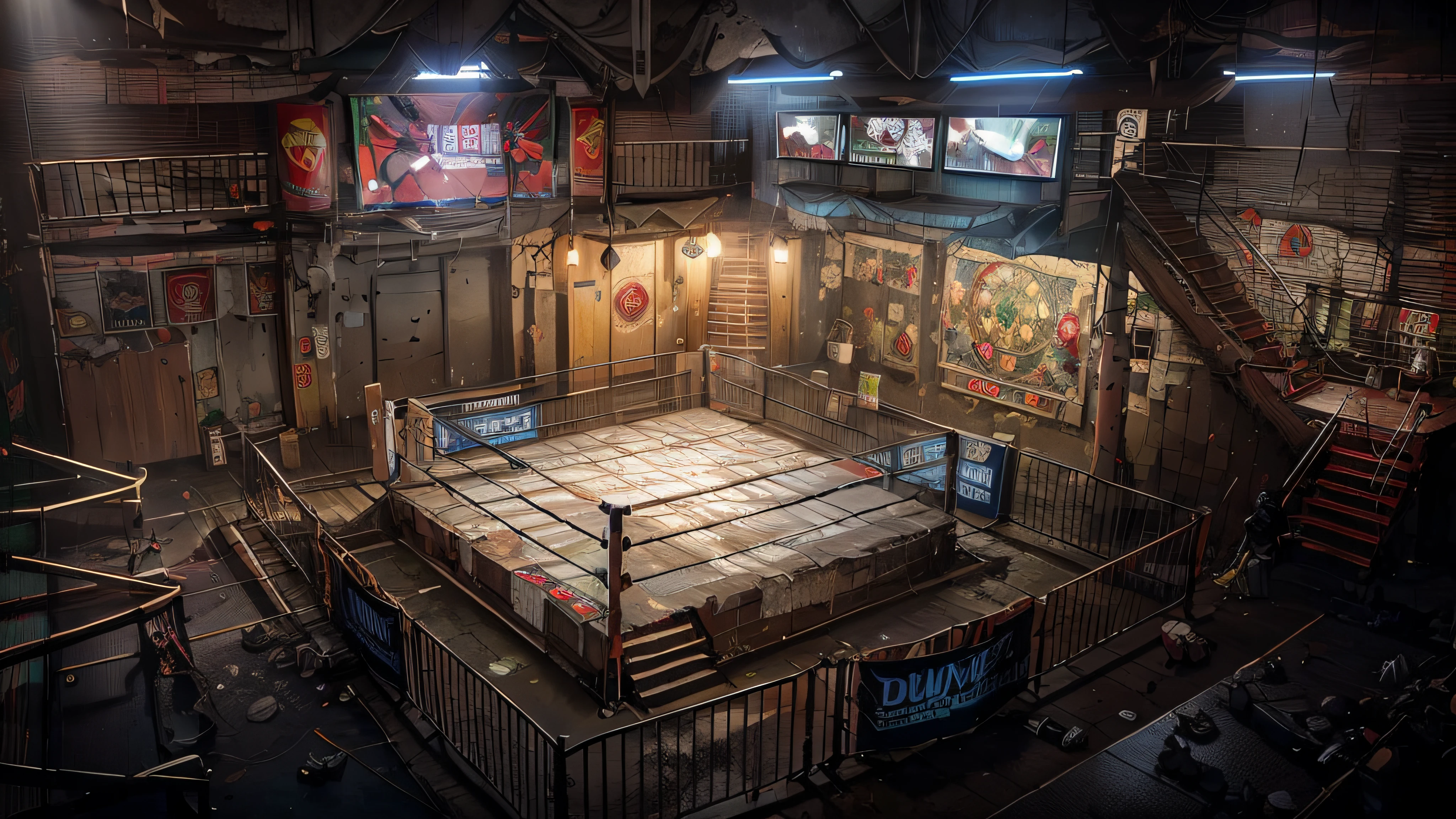 Dark forest style underground boxing gym,Two floors,Two floors,Second floor corridor,Second floor,Octagonal cage,Boxing ring,ring,boxing venue,fistfighting,sandbag,Ultra-long viewing angle,The lighting is dim,The light is dim,fisheyelens,wide wide shot,Large viewing angle,Underground casino,boxing match,well worn,clutter,illegal,Underground organizations,Underground places,Southeast Asian Boxing Gym,Underground casino,Underground casino in Thailand,Underground Black Fist,hyper HD,32K,16k,Chinese slogan,Chinese ads,The Chinese characters