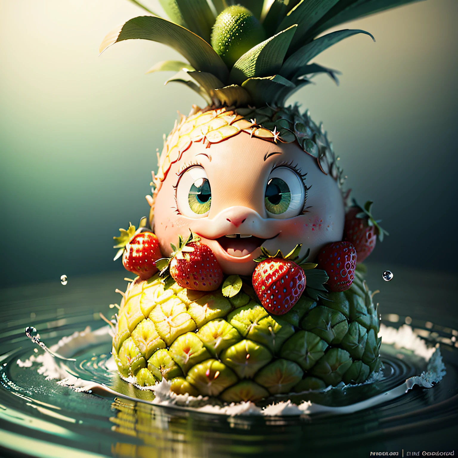 There's a pineapple with a face and a bunch of strawberries on top, bonito 3 d render, arte digital detalhada bonito, painting digital adorable, Fruta de fada. octan render, arte digital bonito, 3 d render stylized, 3d renderizar arte digital, 3d rendering stylized, bela arte digital, 3 d epic illustrations, fofo! c4d