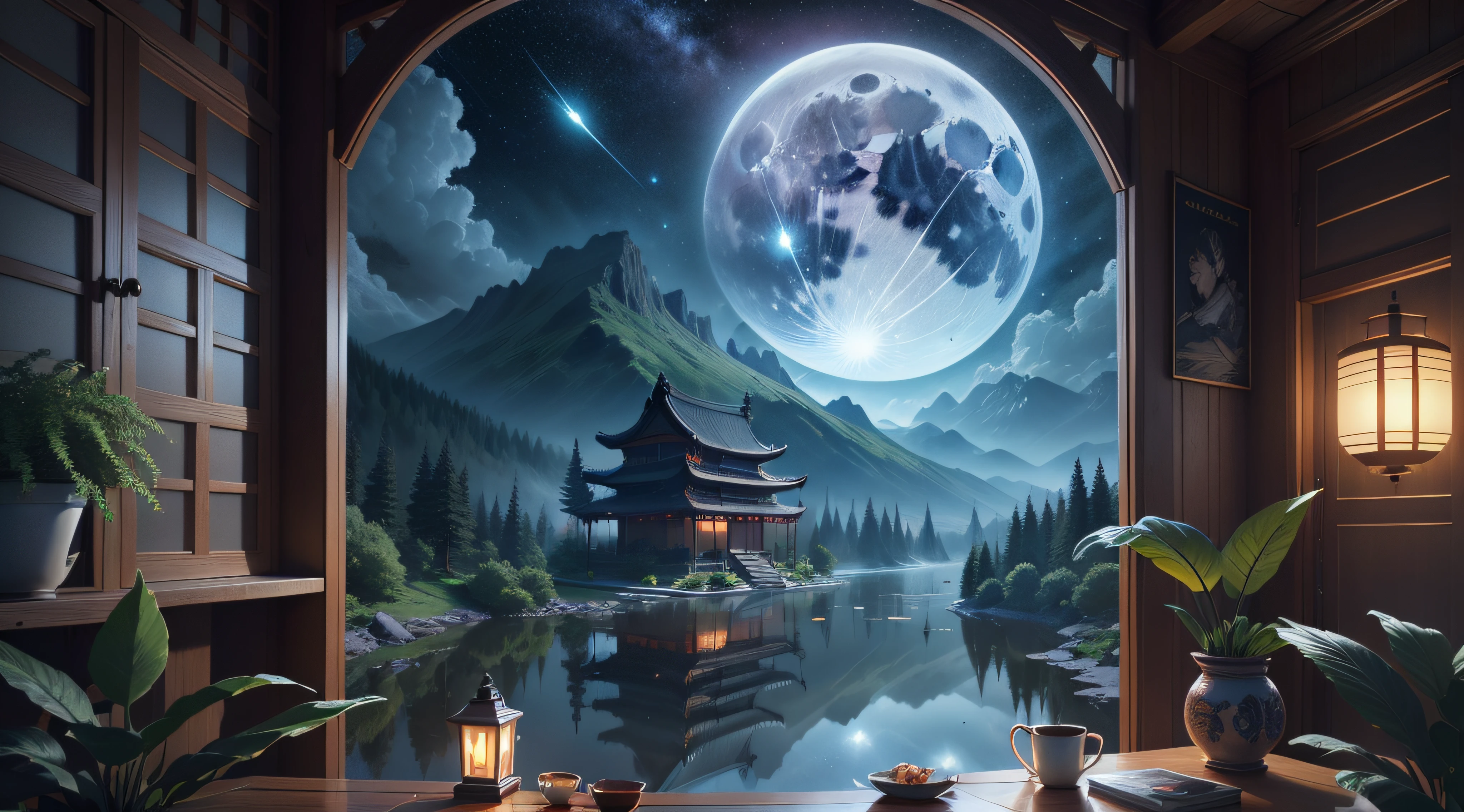 tmasterpiece,Best quality at best,(Very detailed CG unity 8K wallpaper),(Best quality at best),(The best illustrations),east asian architecture,paper lanterns、China-style、inside in room,Panoramic windows、(Huge Full Moon、In the middle of thepicture)、Far Mountain、Cloud、aquarelle、lakes、As estrelas、meteors、poster for、(glowworm),butterflys,(with light glowing),(Particle effect), Isometric 3D, Octane rendering, Ray traching, ultra-detailliert