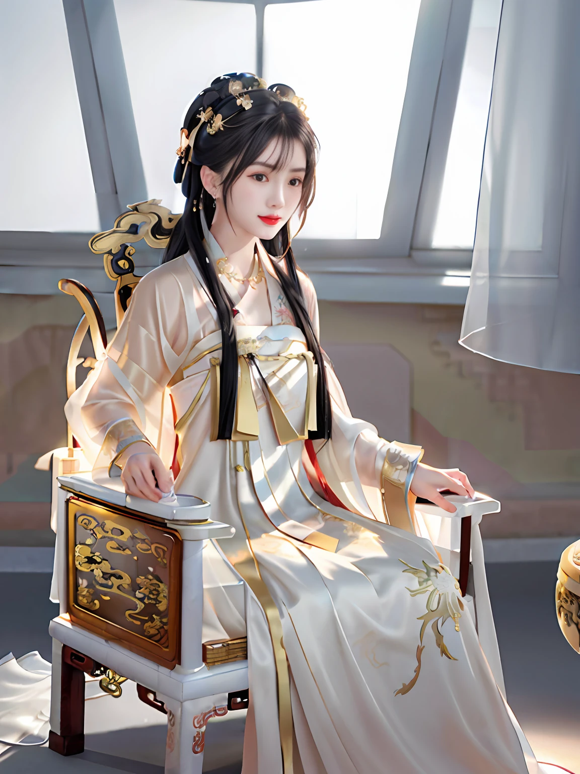 Best quality,masterpiece,high resolution,1 girl,(hanfu:1.2),(gold thread stitching:1.1),White translucent silk dragon robe,(Translucent Silk Dragon Robe:1.3),(Inside the ancient Chinese palace:1.2),(smile:1.1),lips,dress,(hair accessories:1.2),(Ancient Chinese dragon chair:1.3),necklace,(jewelry:1.1),long hair,Medium chest,earrings,delicate beautiful eyes,delicate eyelashes,beautiful face,upon_body,tyndall effect,(realistic:1.2),edge lighting,two-tone lighting,(high detail skin:1.2),8K UHD,DSLR camera,soft light,high quality,volumetric light,snapshot,(photo:1.1),high resolution,supreme,high resolution,detailed eyelashes,beautiful face,body,tyndall effect,two-tone lighting,(high detail skin:1.2),8k ultra high definition,soft light,high quality,volumetric lighting,candid shooting,(low angle shot:1.1),