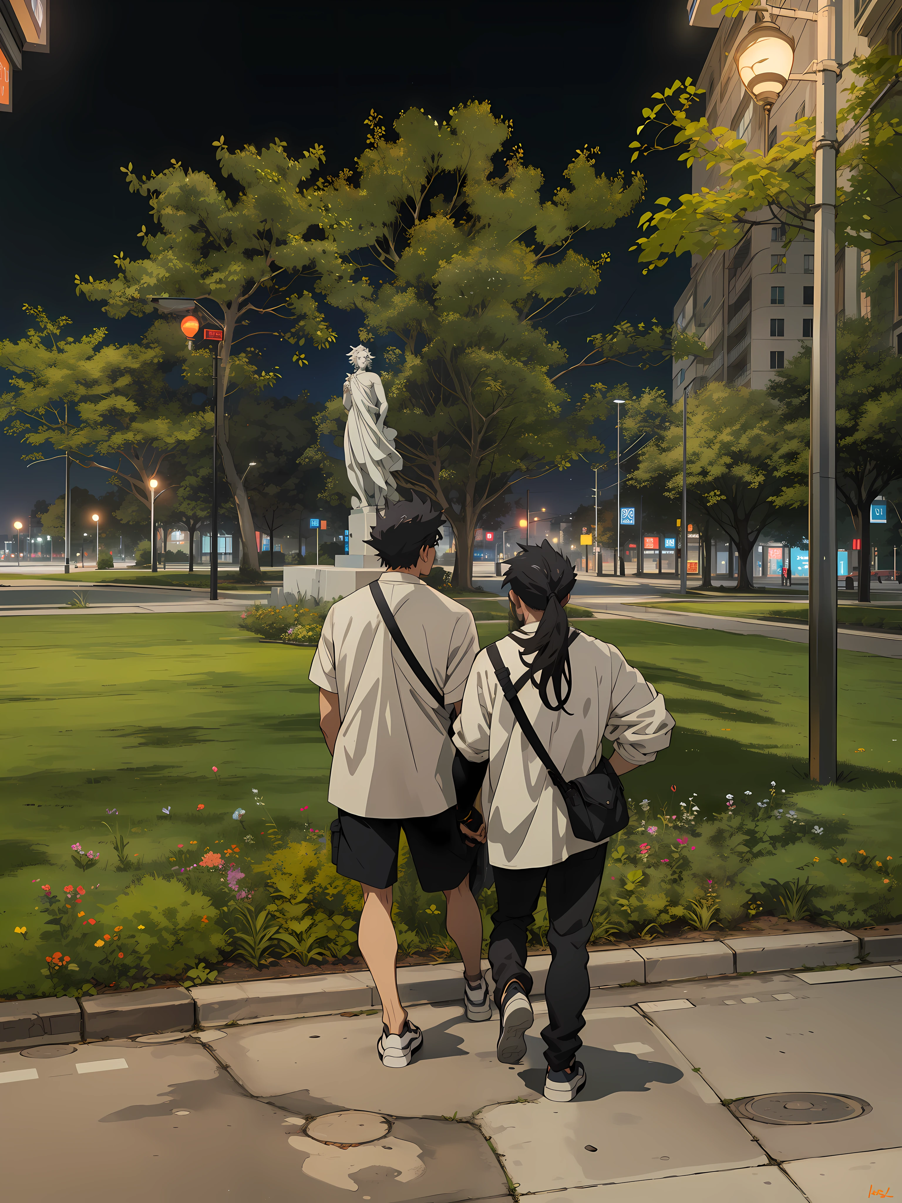 there are two people walking down the sidewalk at night, park in background, with a park in the background, posing like a statue, at night, some marble statues can be seen, with a park in the back ground, with a figure in the background, late evening, couple, time travelers appear in a park, in a city square, from the distance, anime drawing