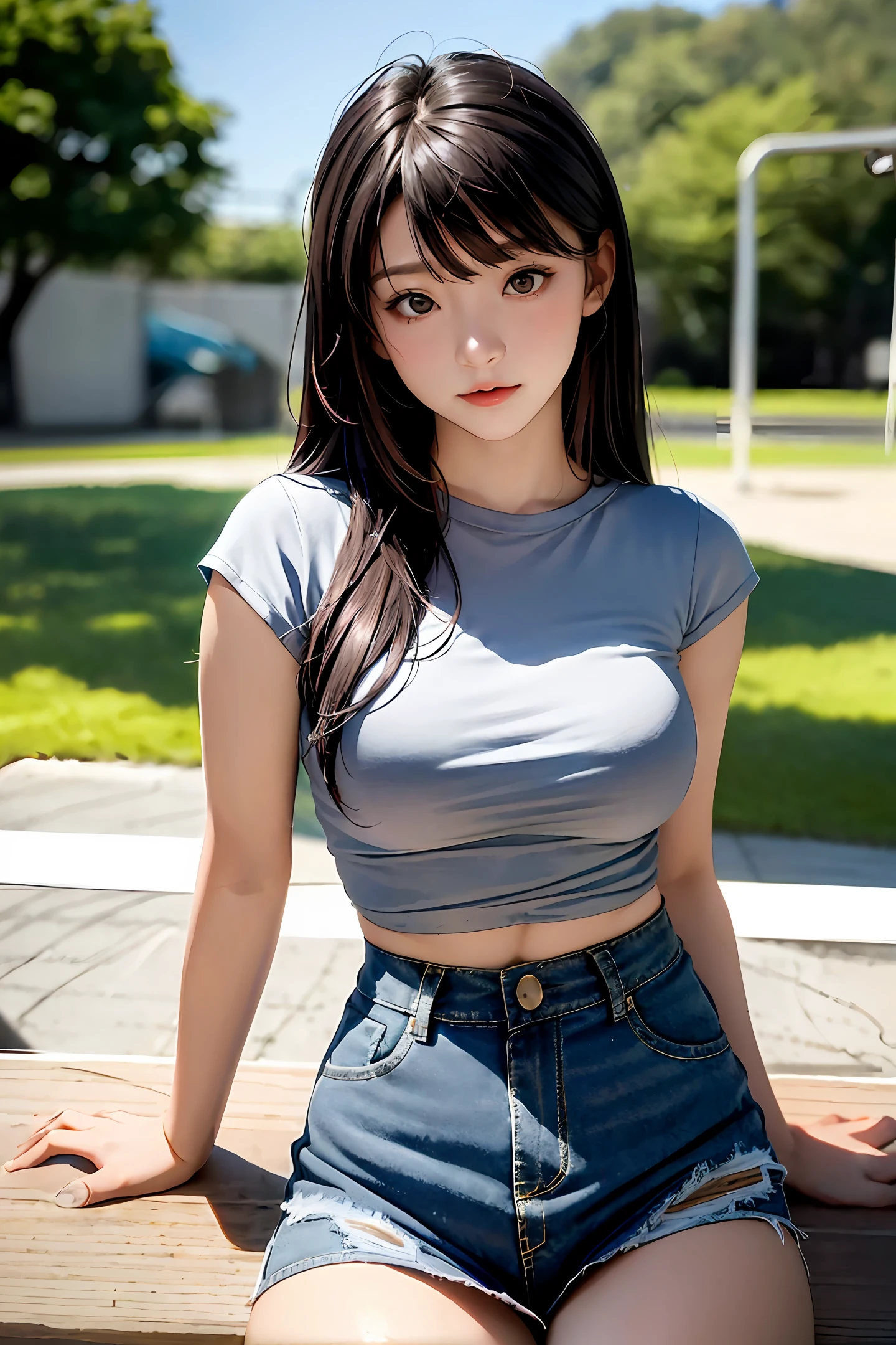 Plain female high school student,Smaller bust,Long hair in figure-eight bangs,Light gray T-shirt,denim short,self-shot,best qualtiy,tmasterpiece,超高分辨率,(realisticlying:1.4),RAW photogr,photo of head,The skin,simple backgound,Black eyes,the detail,self-shot, 1个Giant Breast Girl,校服,rays of sunshine,On the edge of the playground,looki at viewer