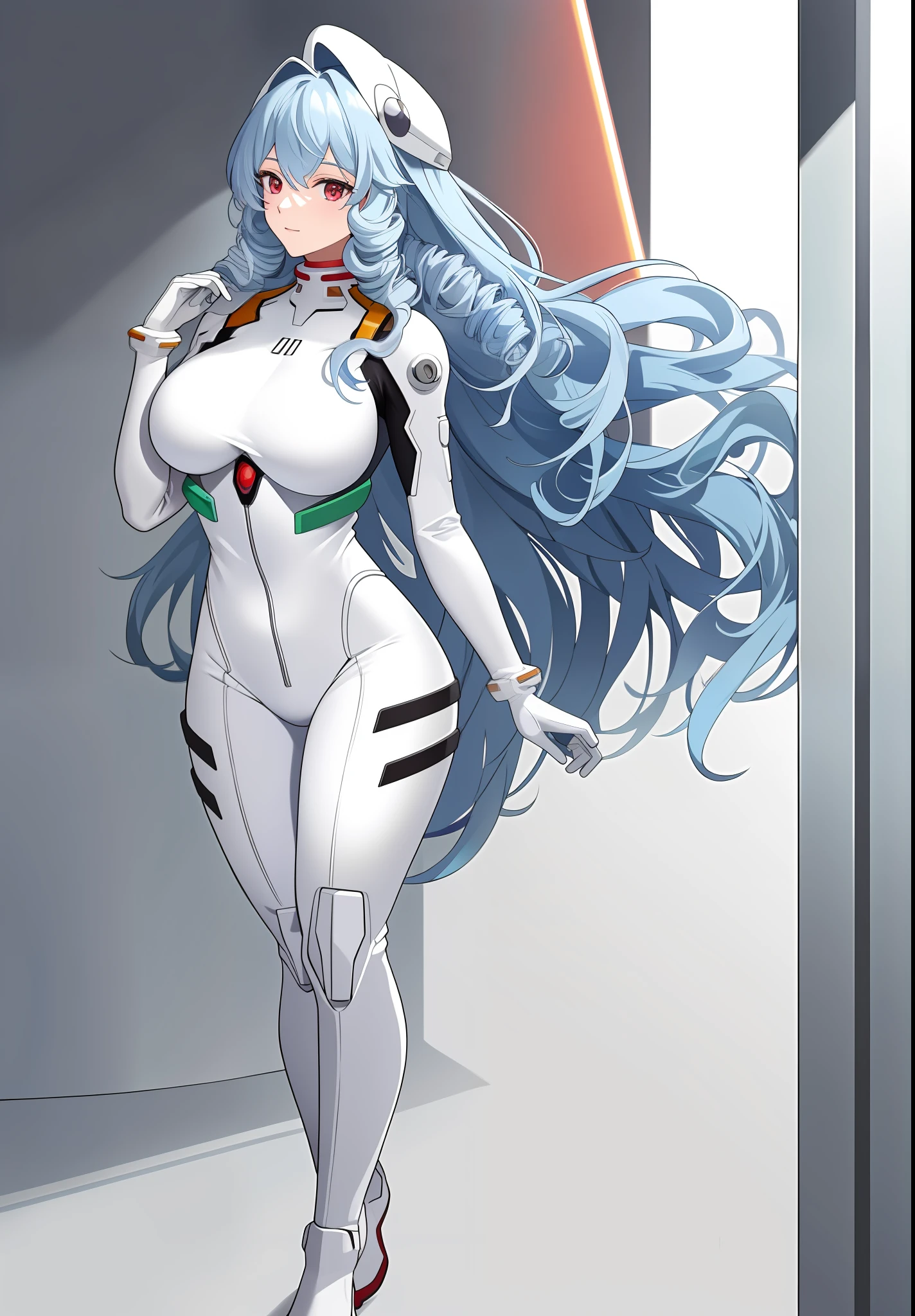 ((masterpiece)), (best quality:1.7), (detailed:1.4), (high res:1.4), 8k, (colorful:1.5), 2d, high resolution, sharped image, 4k, hd, rei_evangelion, 1girl, (((solo))), ((light blue hair)), red eyes, long hair, cleavage, ((full body)), curvy body, big breasts, cowboy shot, plugsuit, pilot suit, interface headset, hand on own thigh, white bodysuit, white pilot suit, white plugsuit, ((absurdly long hair)), field, sea, grass, ((kinky hair)), ((curly hair)),